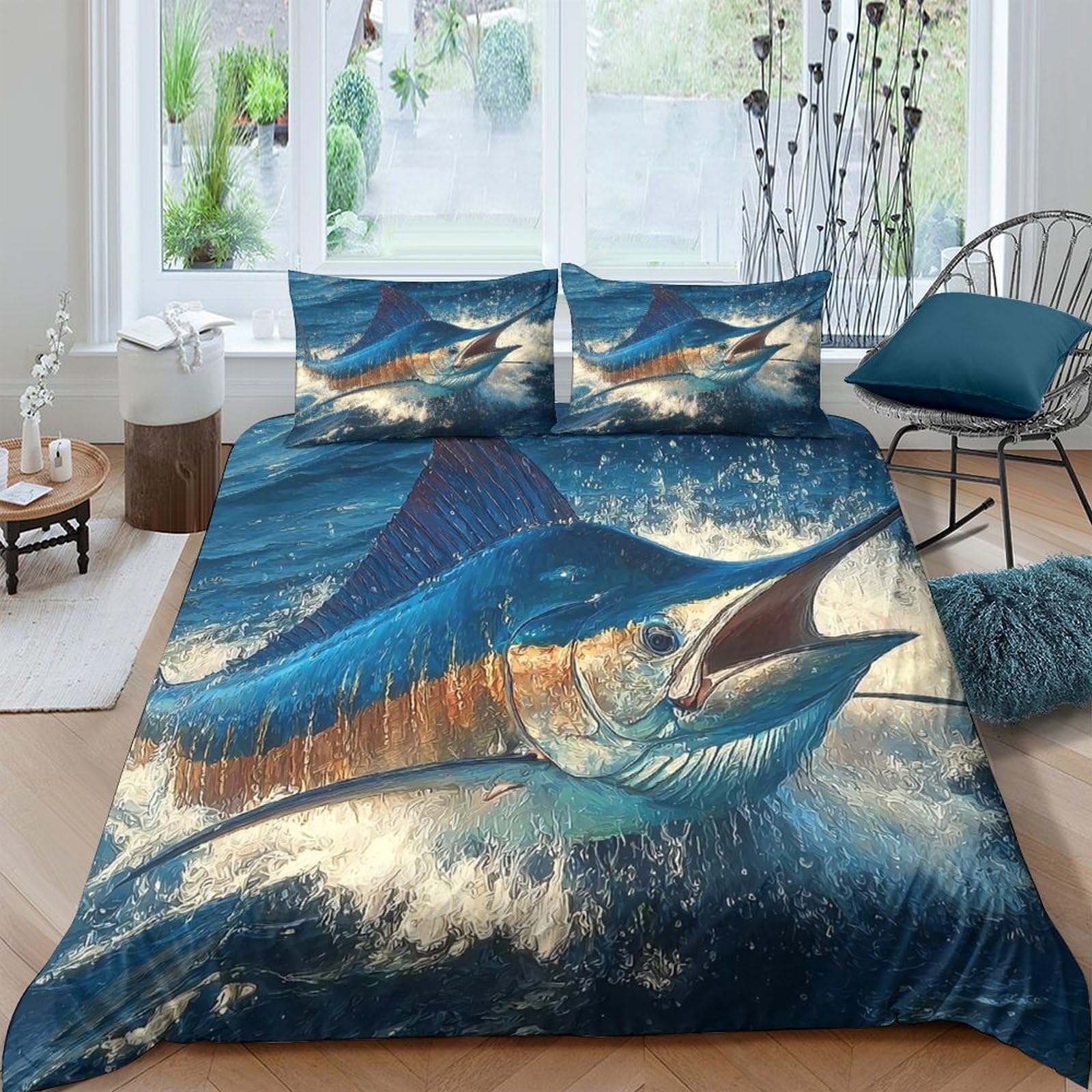 Ctjqhvkz Style-2 3D Printed Marlin Ocean Fitted Sheet Microfiber Bedroom Decor Blue Water Mattress Cover Anti-Slip Washable For Home Guest Room Single（135X200cm）
