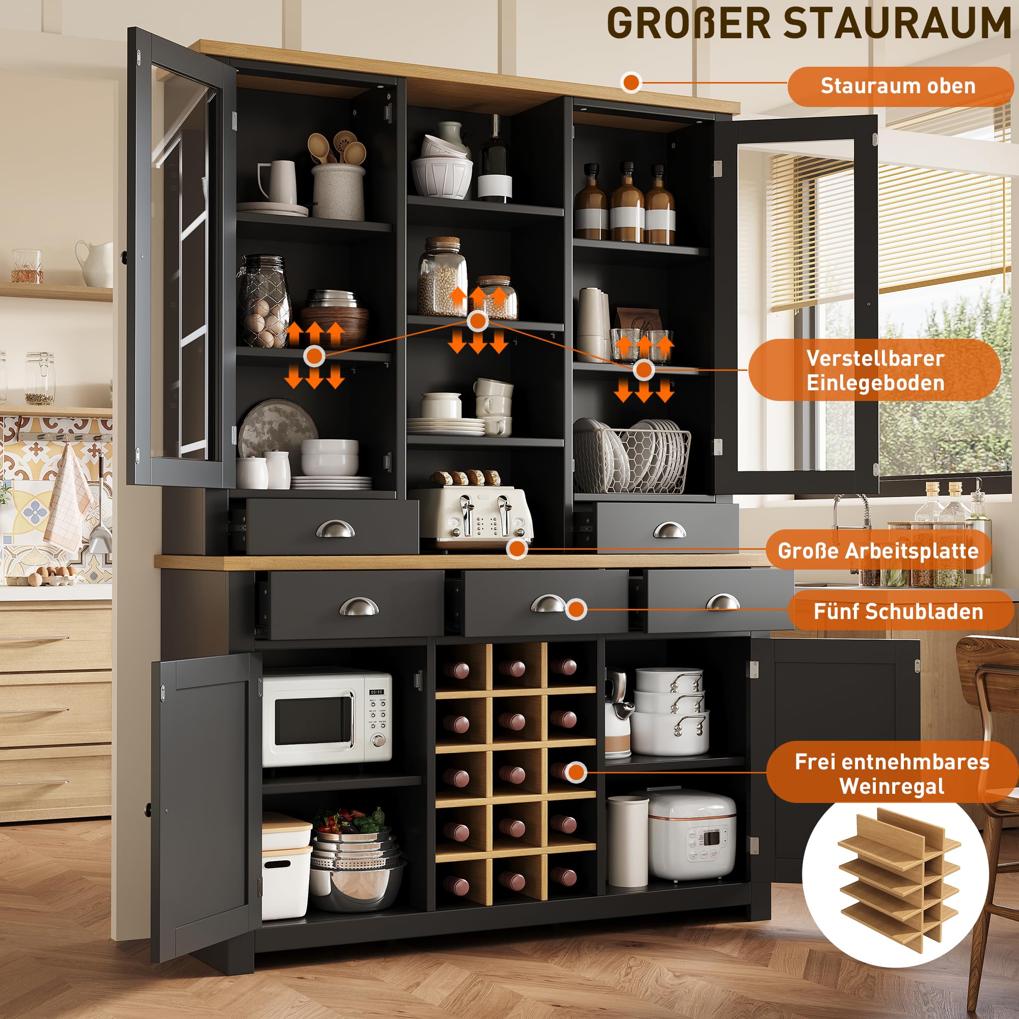 Küchenschrank mit Arbeitsplatte, Buffetschrank mit Herausnehmbares Weinregal, Küchenhochschrank mit Kippschutz, Soft-Close-Funktion, Mehrzweck-Hochschrank für Küche und Wohnzimmer, Schwarz
