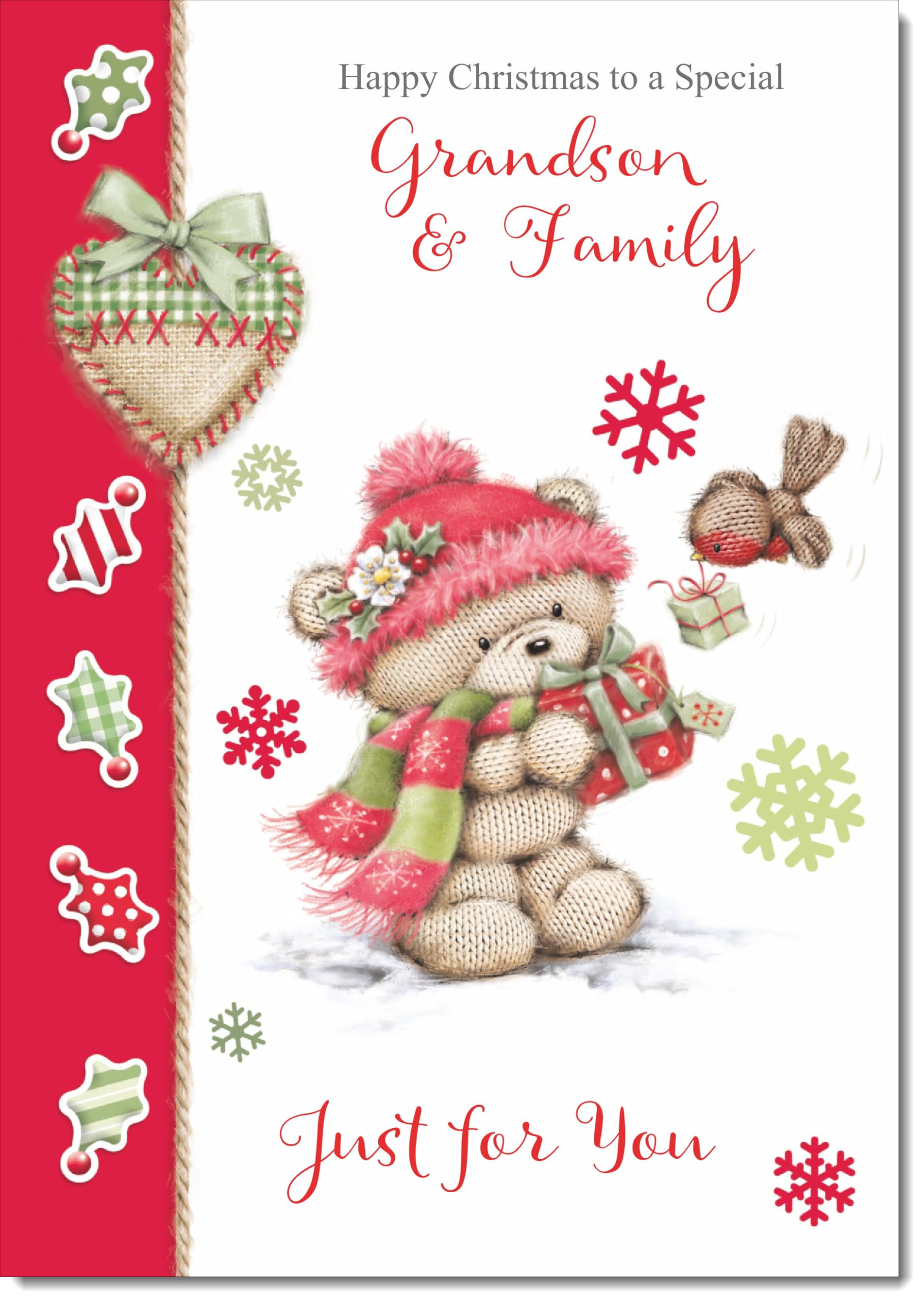doodlecards Grandson and Family Christmas Card Cute Bear with Red Hat Large A4 Size Christmas Card for Grandson & Family with Plain Envelope — image 1
