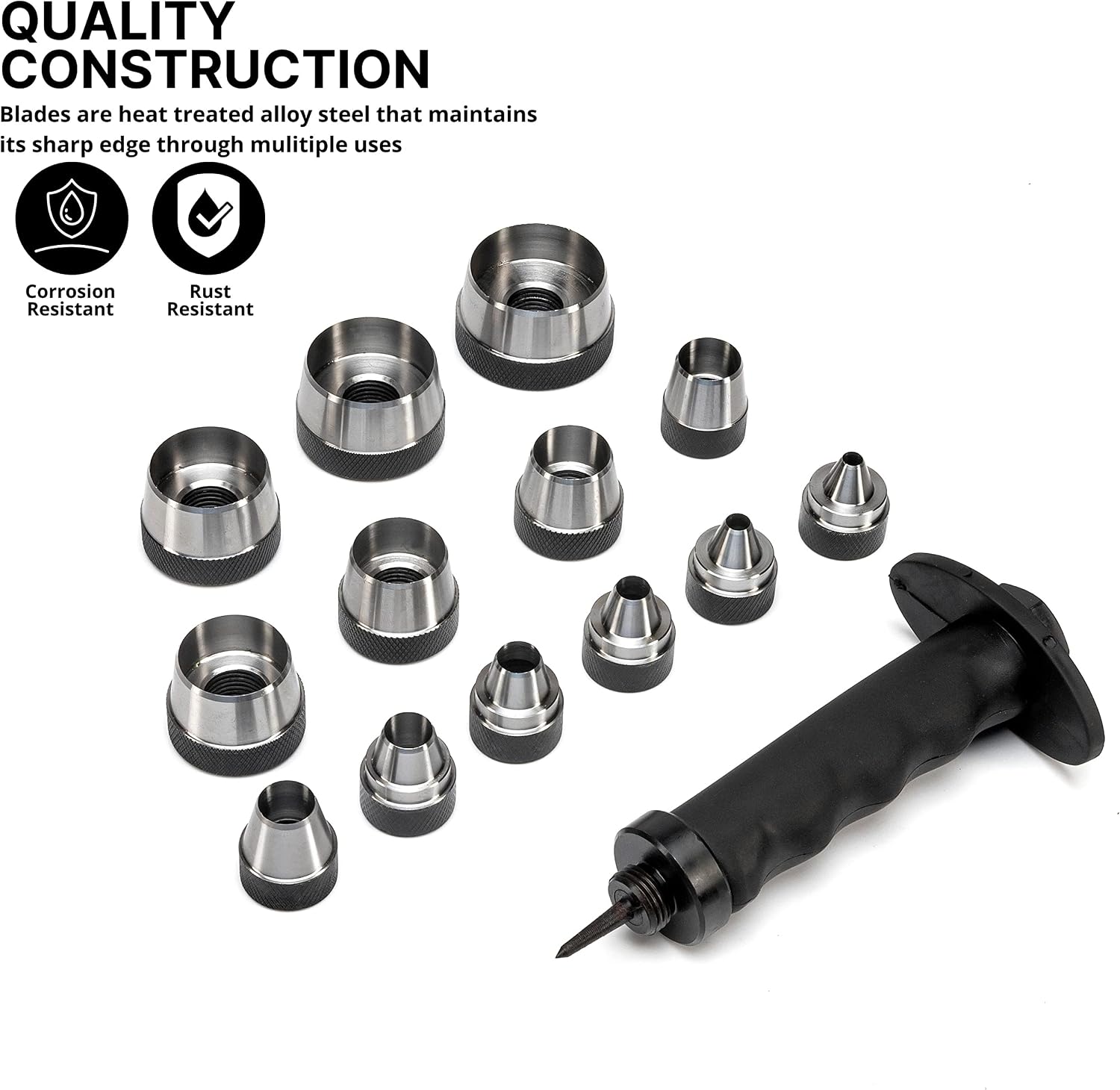 NEIKO 02604A Hole Punch Set | SAE & Metric, 3/16” – 1-3/8” & 5 – 35mm | 14 Piece Sharp Hollow Hole Punch Kit, Gasket Cutting Puncher, Foam Cutter, & Leather Hole Punches | 6” Interchangeable