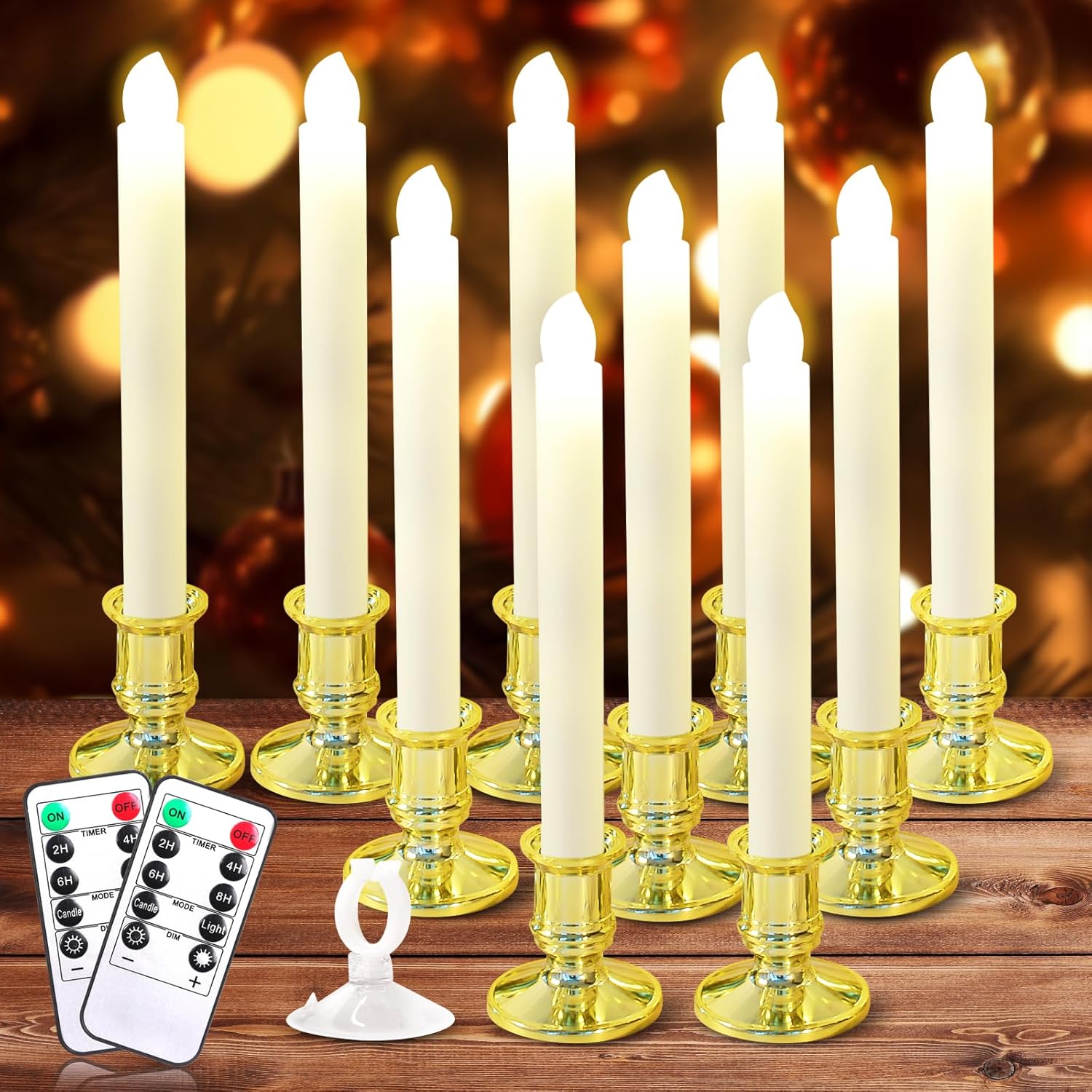 Verdenu 10 Pack Christmas Window Candles with Timer Remote, Battery Operated Window Candles, Electric LED Flameless Taper Candle with Holders/Suction Cups for Window Decor, Gold Gold 10 Pack