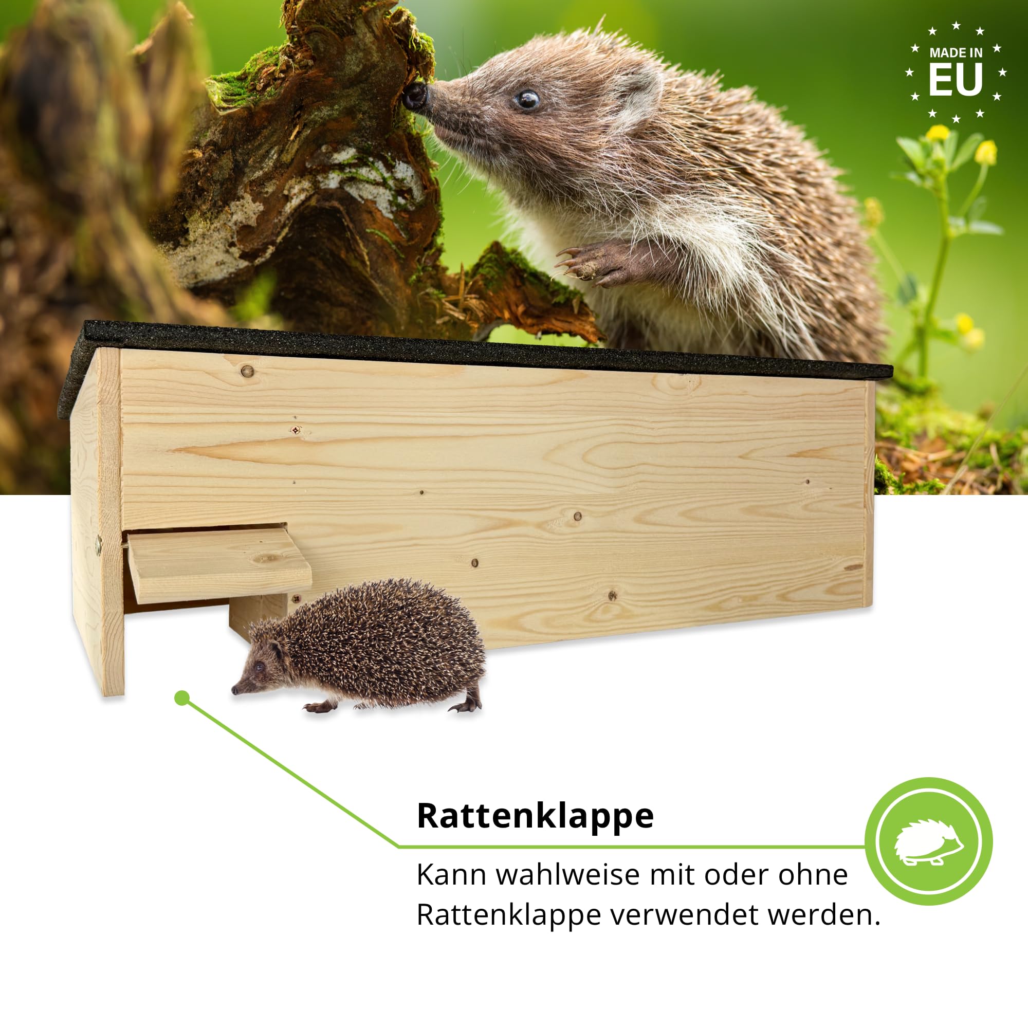 GARTENETAGE XXL Igelhaus mit Rattenklappe aus zertifiziertem Holz – wetterfestes Igel Schutzhaus mit Labyrintheingang