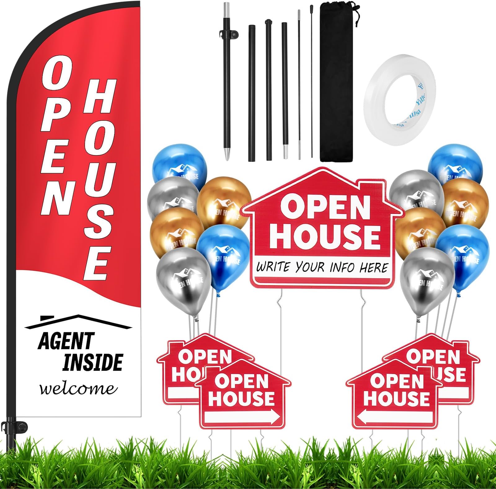3-Pack Open House Signs 12x16 Inch | Real Estate Yard Signs With H-Stakes - For Sale By Owner