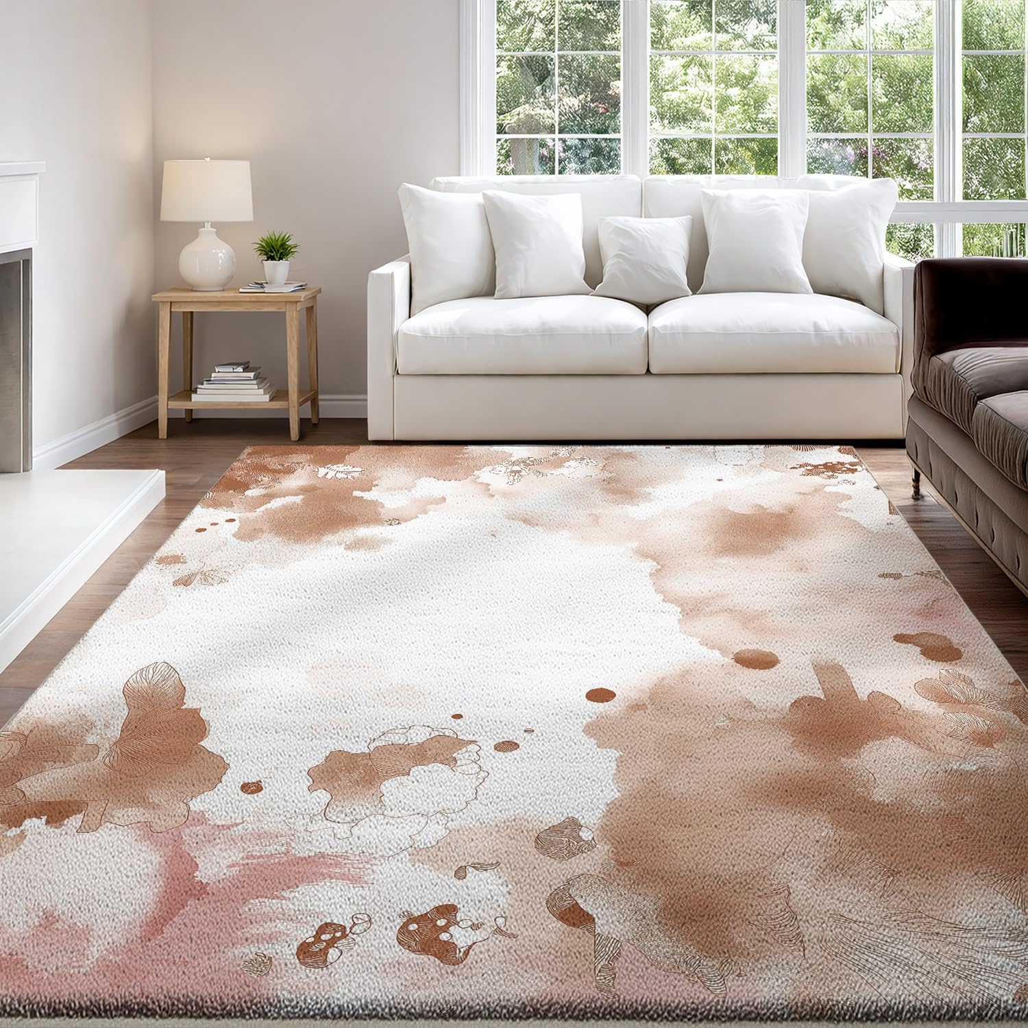 Genérico Alfombras Lavables 80 x 150 cm, Tinta China Libro ilustrado Infantil Alfombra Flores Nubes Suave Espacio Negativo, Alfombras de Pelo Corto Infantil Estilo Chino, Marrón Claro