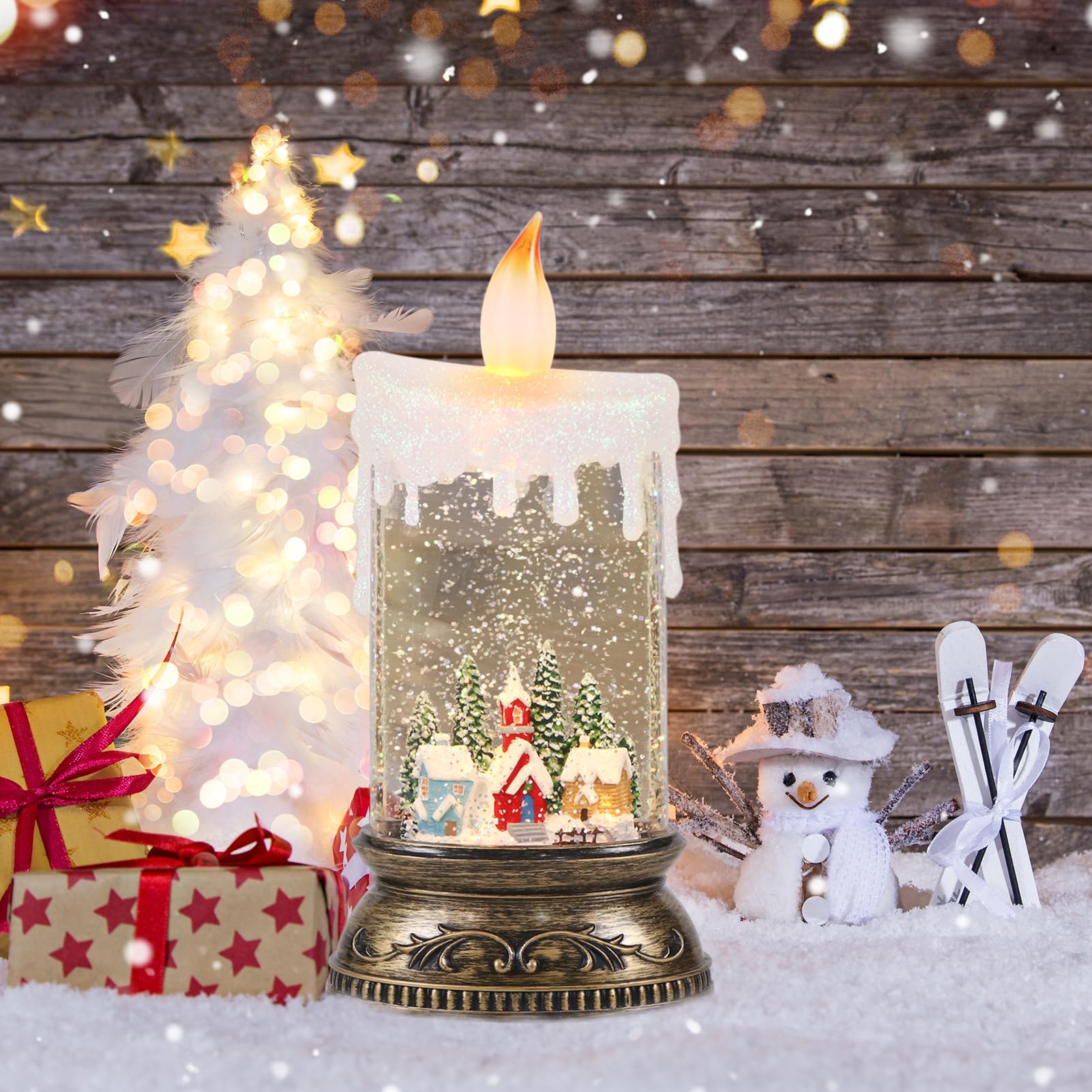 Eldnacele Weihnachts-Schneekugel-Laterne mit Timer und Musik, batteriebetrieben/USB-betrieben, beleuchtete Wasserlaterne für Weihnachtsdekorationen (Schneekabinenszene)