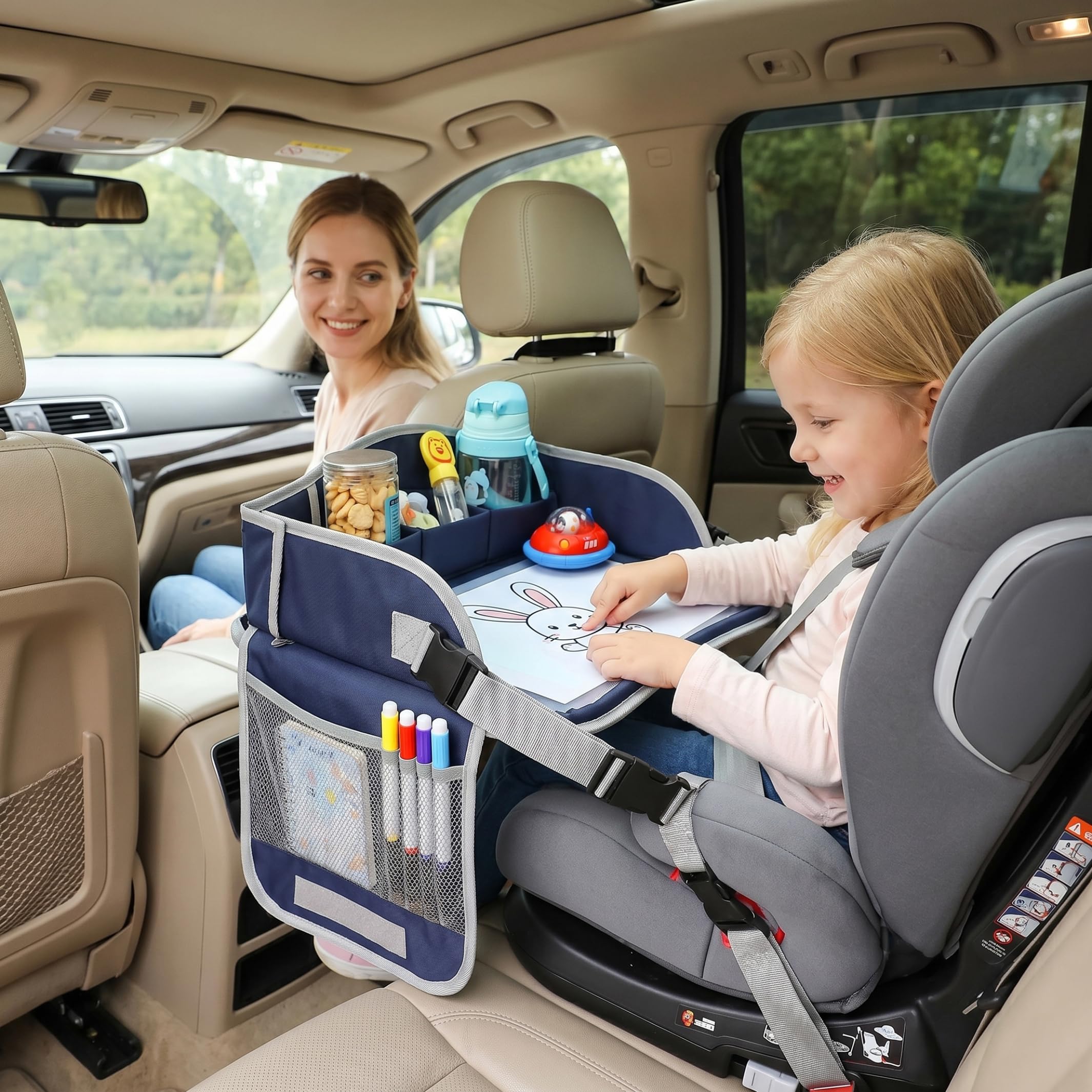 Tavolo per seggiolino auto per bambini, grande vassoio da viaggio regolabile per bambini compatibile con touchscreen in tessuto pieghevole con scomparti portaoggetti, blu