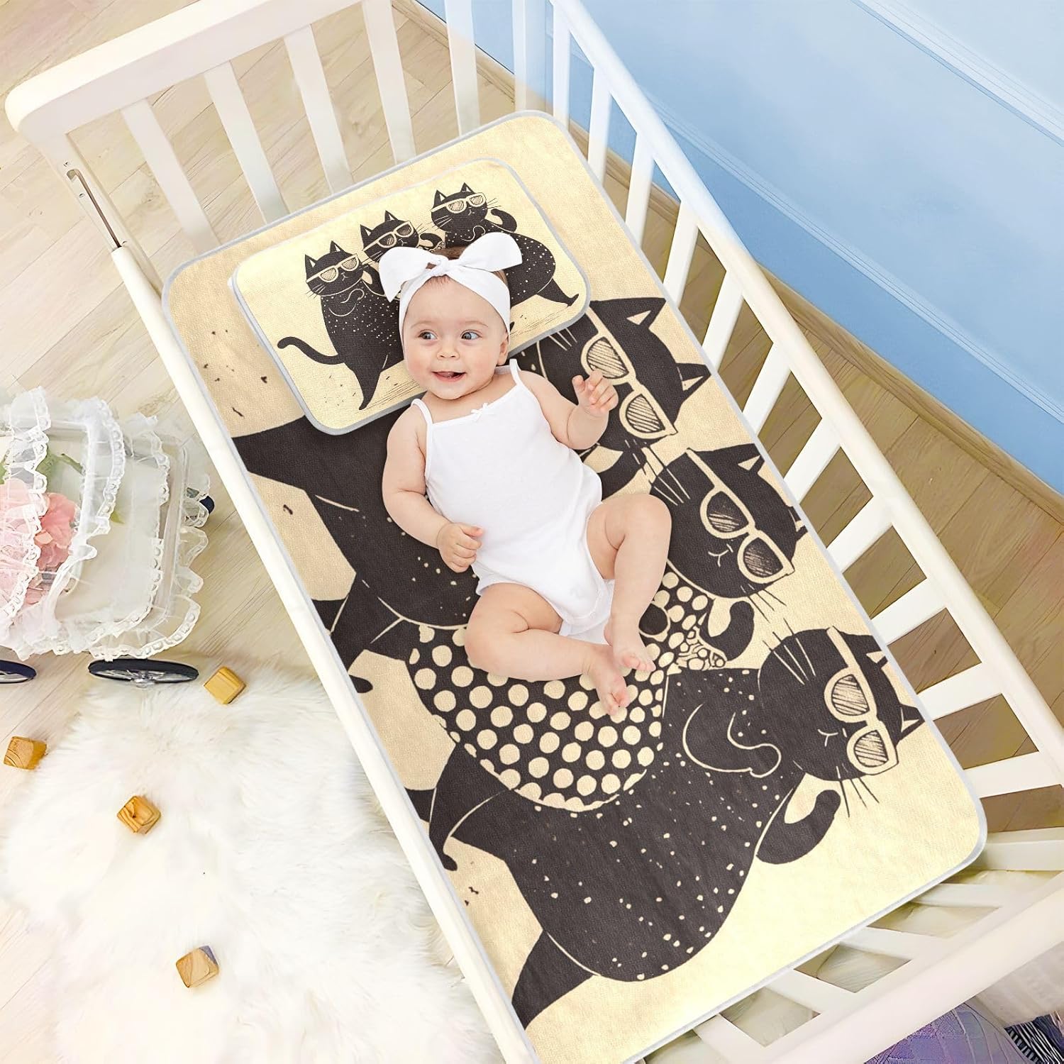 Cute Cats Black Brown Cooling Baby Mattress Protector Crib 28" x 52" Ultra Soft Pads for Kids for Baby&Toddler