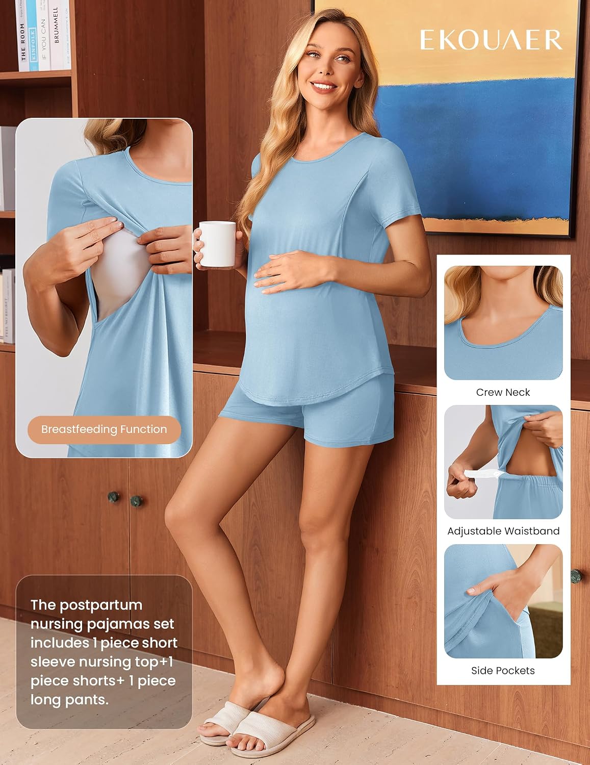 Ekouaer 3 Piece Maternity Nursing Pajamas Set Short Sleeve Breastfeeding Pjs image 3