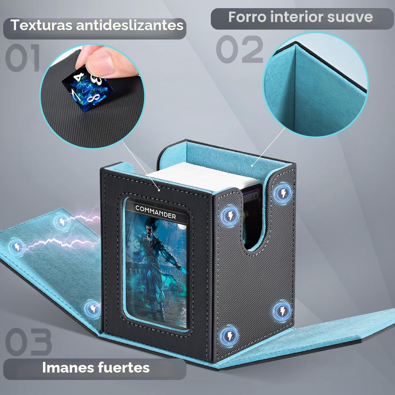 ZLCA Caja de baraja de más de 120 cartas para exhibición de comandante (gris y azul)