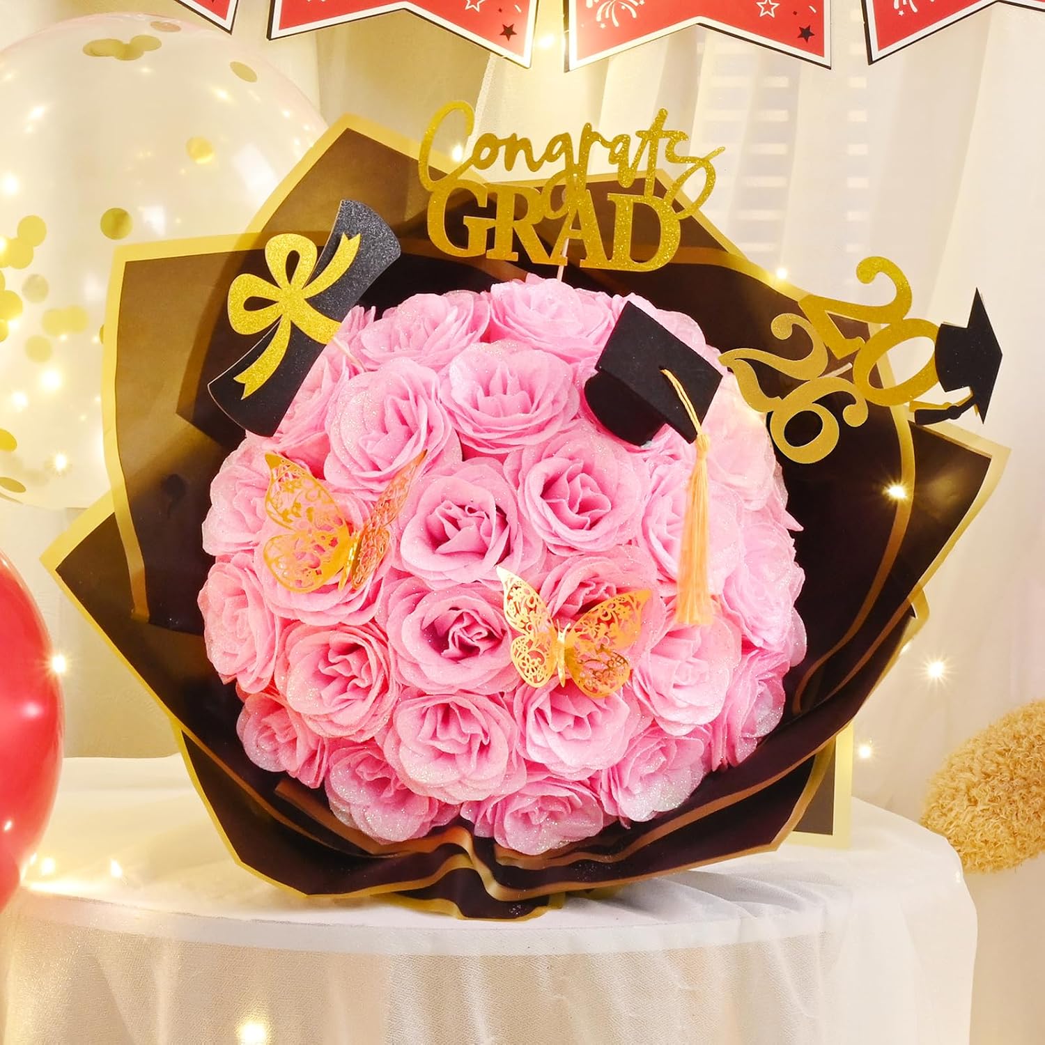 Waipfaru 2026 Graduation Gifts, Glitter Roses Bouquet, Graduation Gift for Her, DIY Fake Flowers Bouquet with Graduation Stand-Up Signs, 36 Pink Roses, for High School/College/Middle School Grads