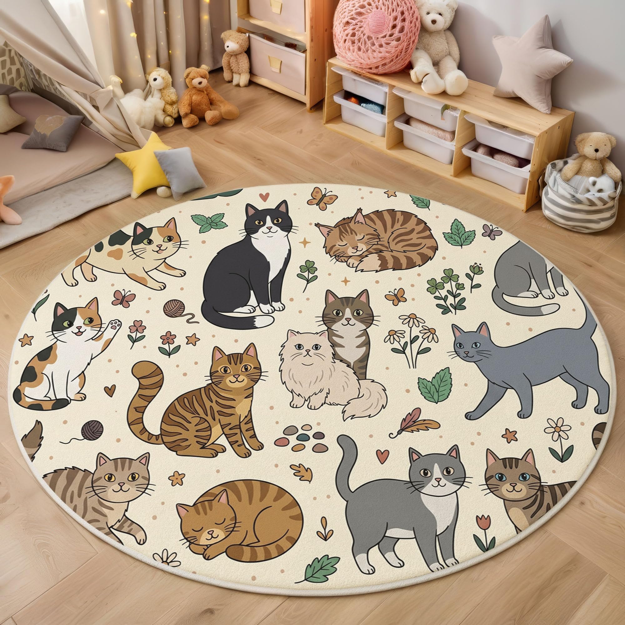 Tapis rond lavable 120cm antidérapant chat mignon pour couloir