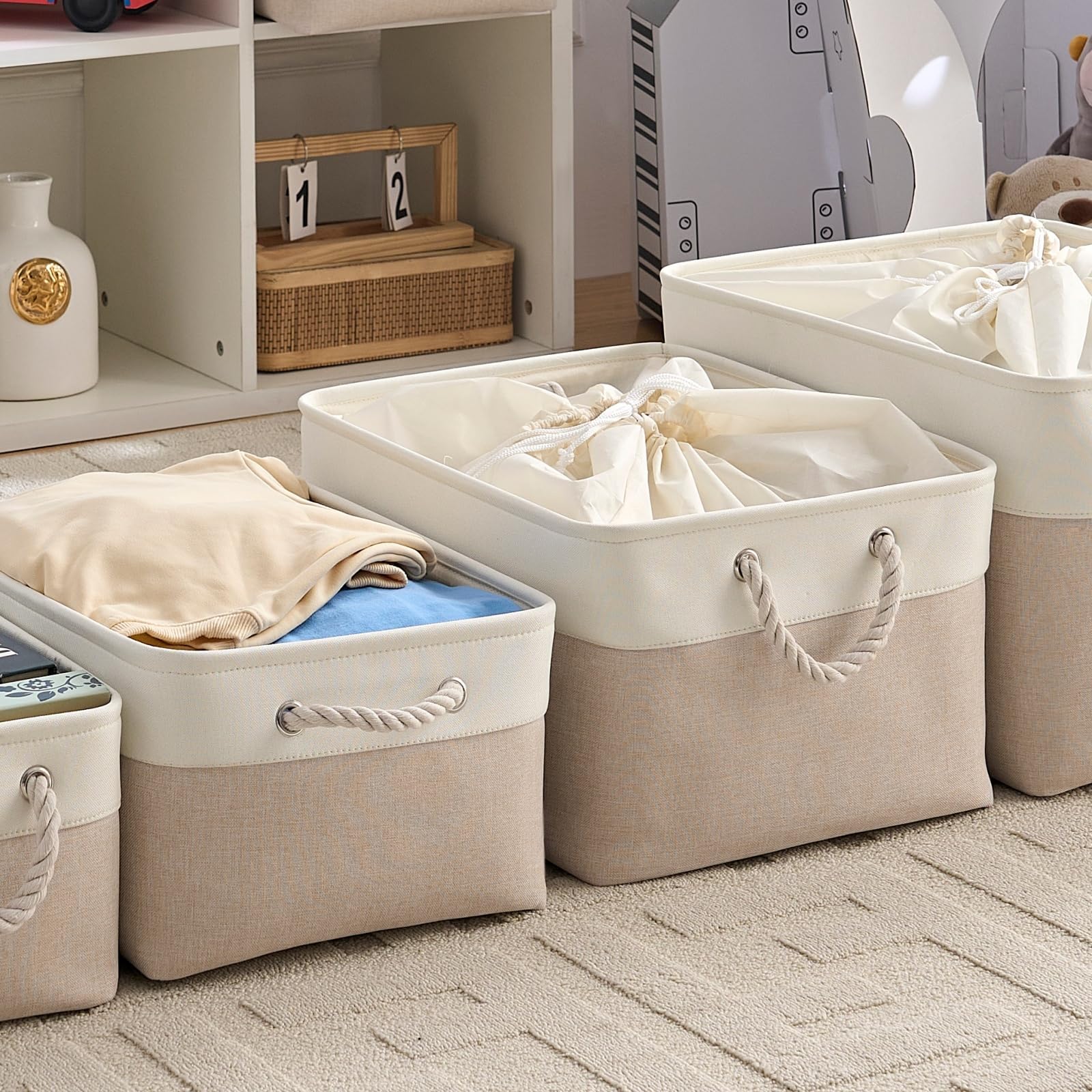 Mangata Caja de almacenamiento, cesta de almacenamiento de tela gruesa con asas y cordón para ropa, estantes, armario, hogar (XXL, 4 unidades)