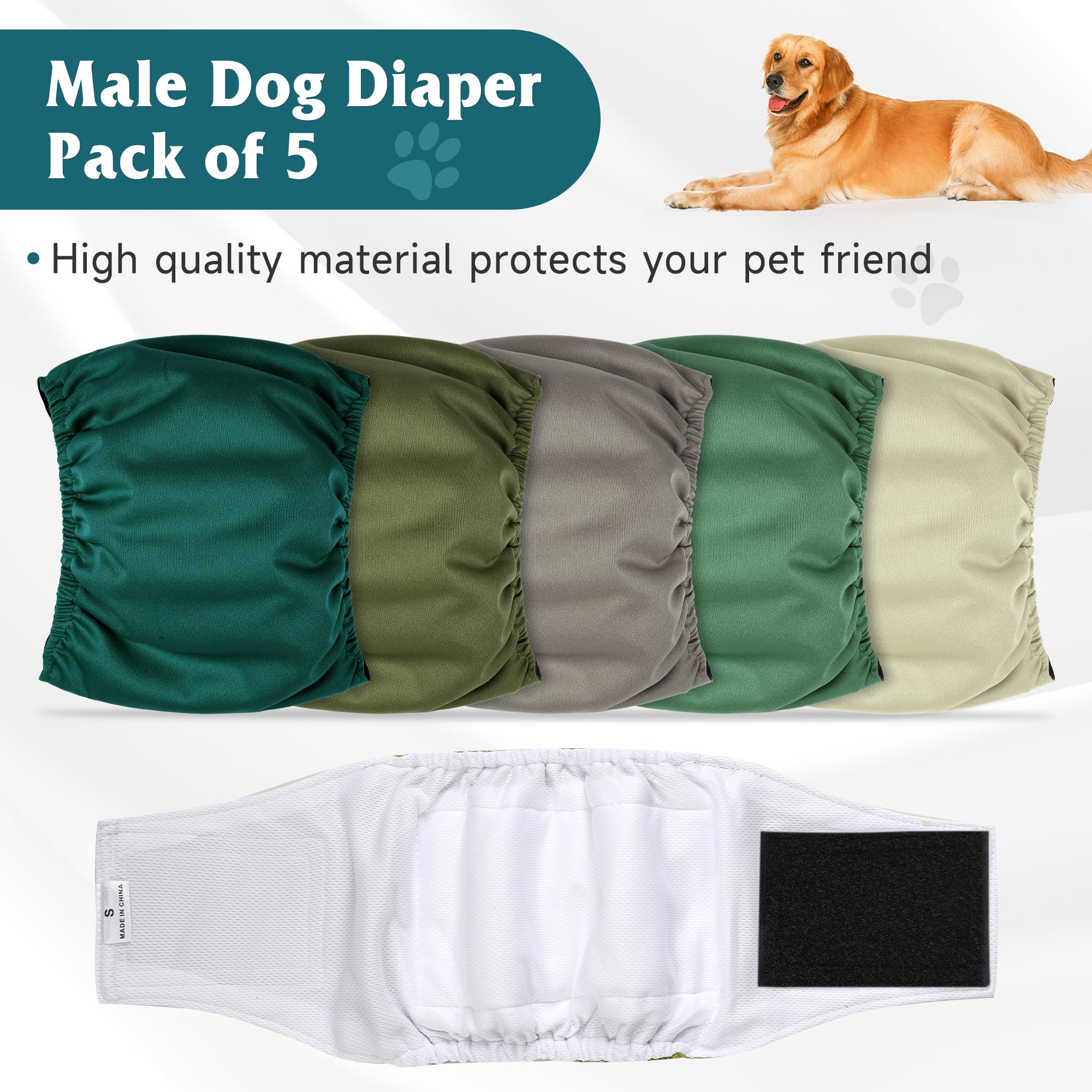 Confezione da 5 pannolini per cani maschi, ad alto assorbimento, fasce per la pancia per cani maschi con incontinenza o minzione frequente, pannolini lavabili per cani verdi XXL