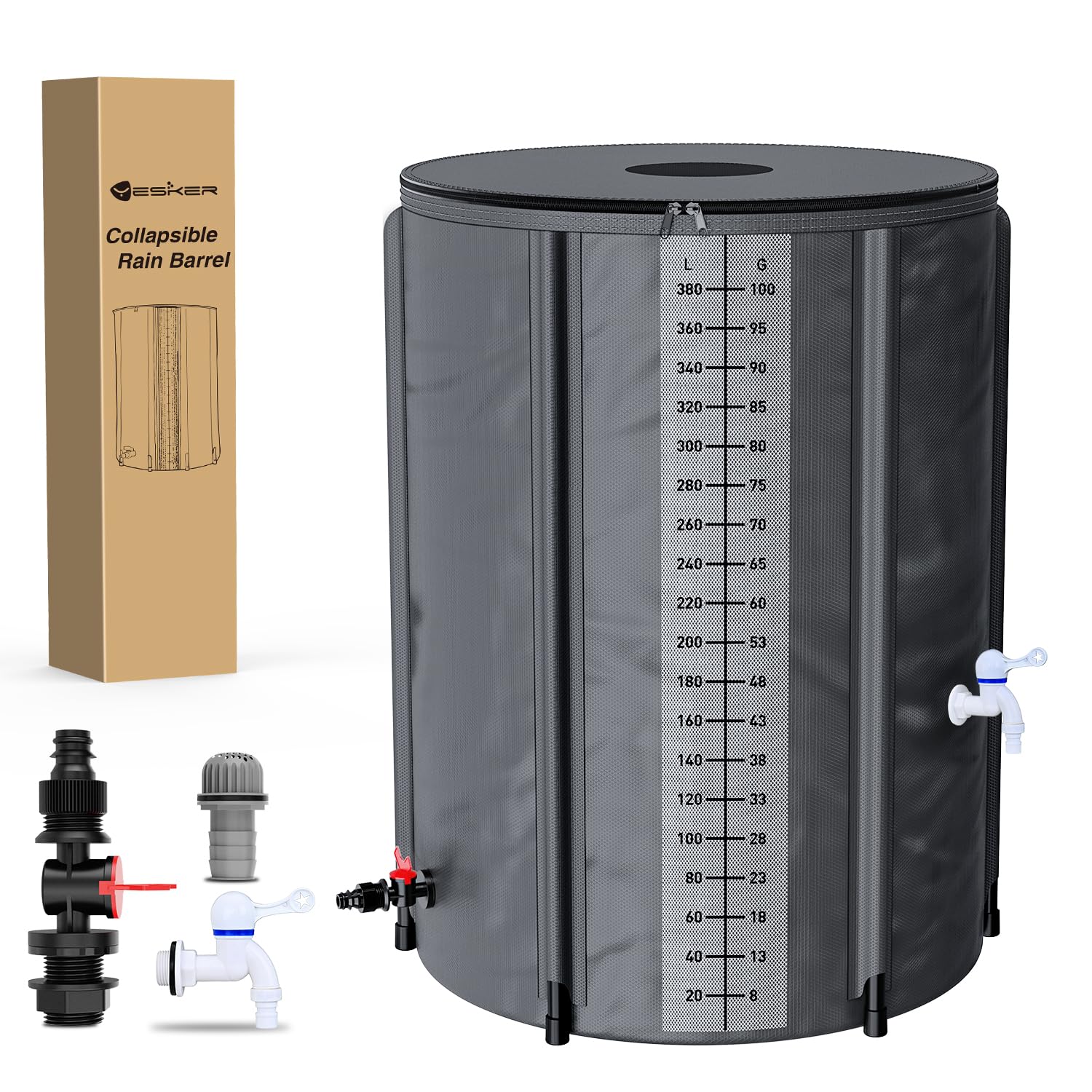 Photo 1 of Yesker Collapsible Rain Barrel, 100 Gallon Portable Rainwater Collection System, 550D PVC Water Storage Tank, Rain Catcher with Spigots Filter Overflow Kit, Grey