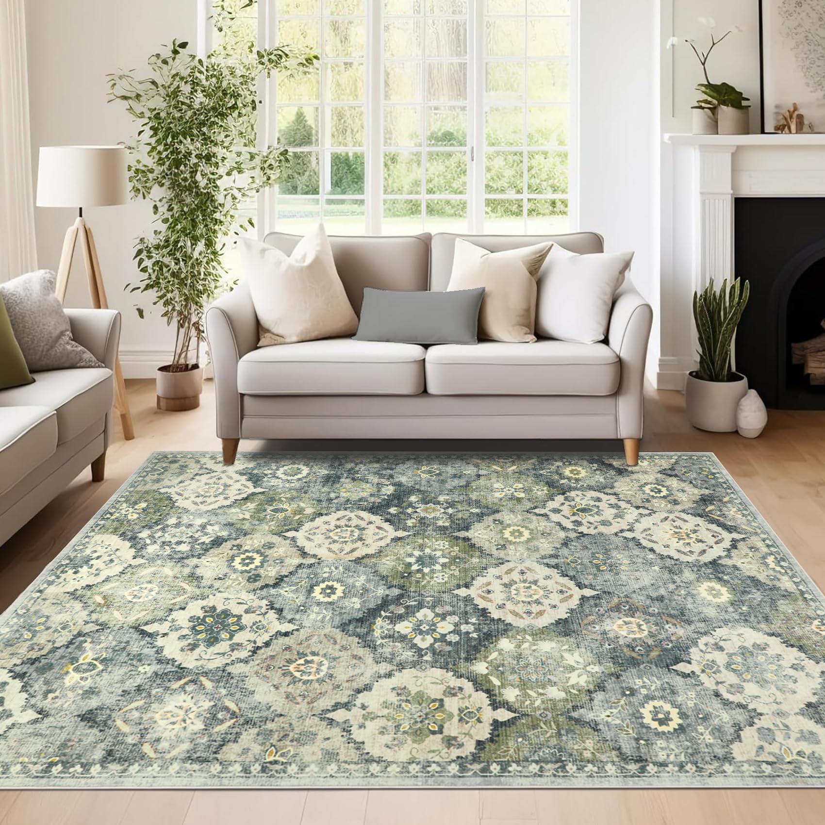 Cekene Boho Machine Washable Rugs for Living Room Grey 120x170cm Soft Thin Area Bedroom Rug Anti-Skid Large Living Room Rugs Non Shedding Carpet Rug for Dining Room Kitchen OfficeOEKO-TEX STANDARD 100