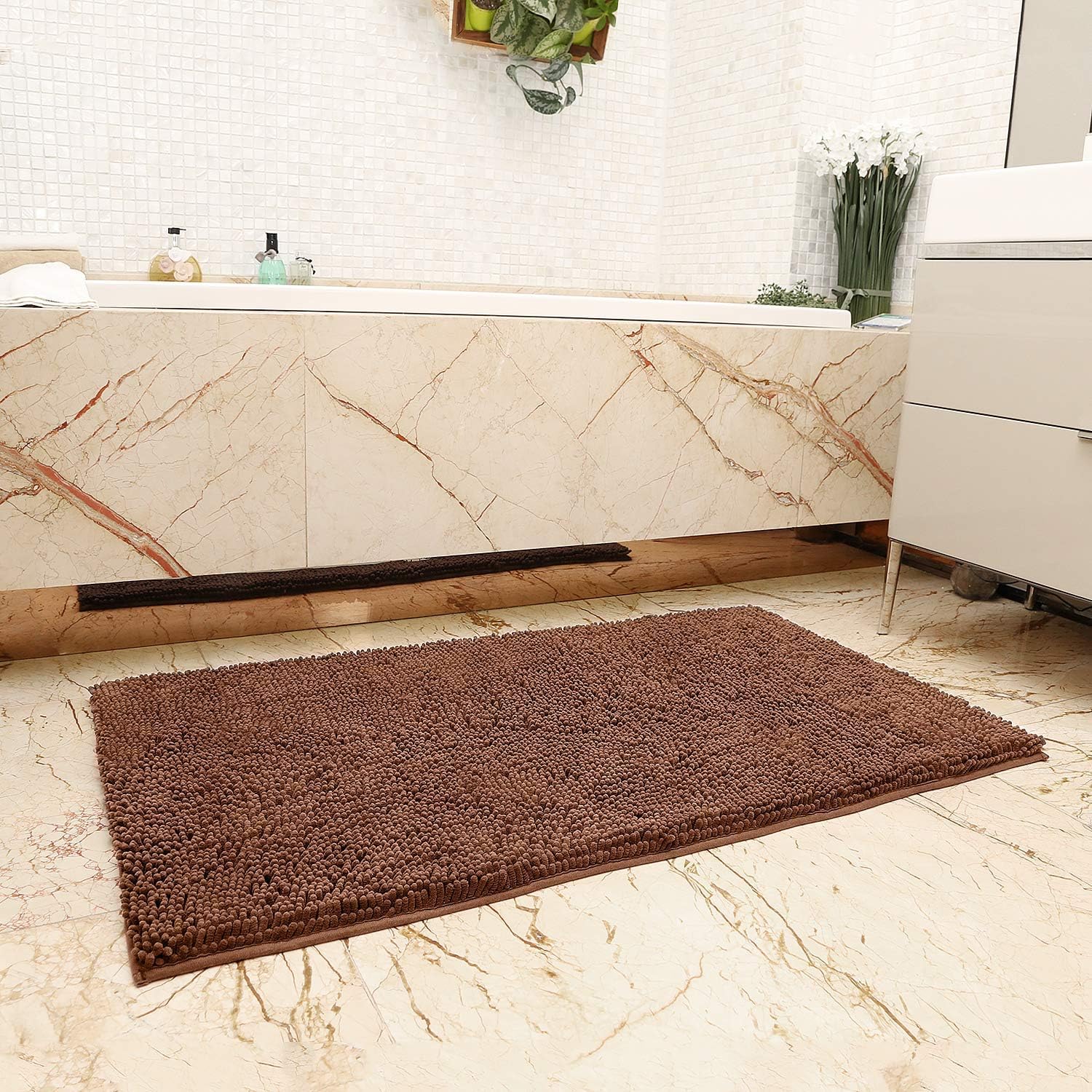 KMAT Bath Mat Rug Nonslip Plush Chenille Bathroom mat Quick Absorbent 28" x 47" Coffee Large Bath Rug for Bathroom Floor Tub Shower Bedroom Living Room,Machine Washable