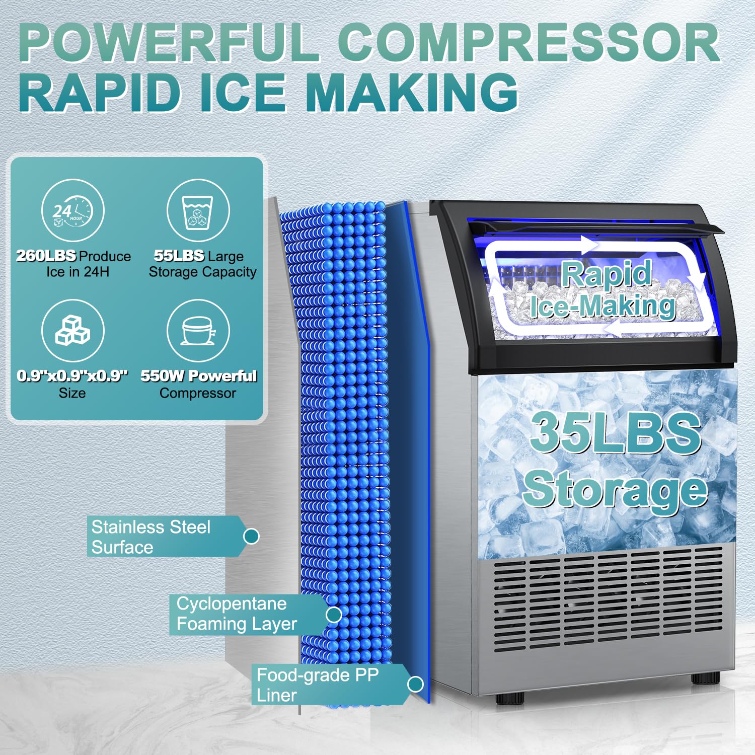 Commercial Ice Maker 260lbs/24h, Ice Machine 72pcs Ice Cubes, Undercounter Ice Maker Machine With Water Line And Filter, 35 Lbs Storage Ice Bin, Stainless Steel Ice Maker For Home,Shop,Bar on Fridge.com - View 5
