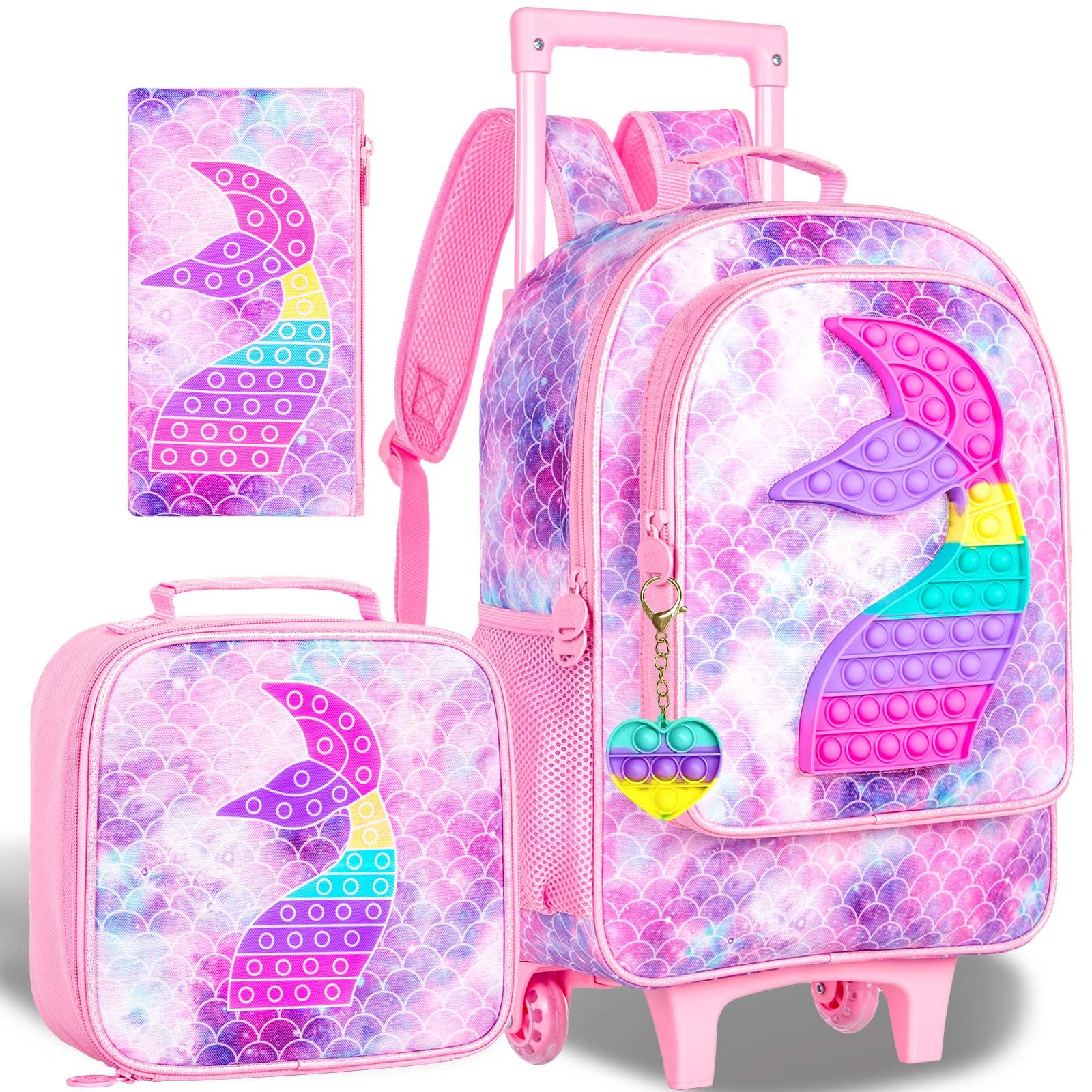 CCJPX 3Pcs Kids Rolling Backpack for Girls, Mermaid Roller Wheeled Bookbag Toddler Elementary School Bag with Wheels - Pink