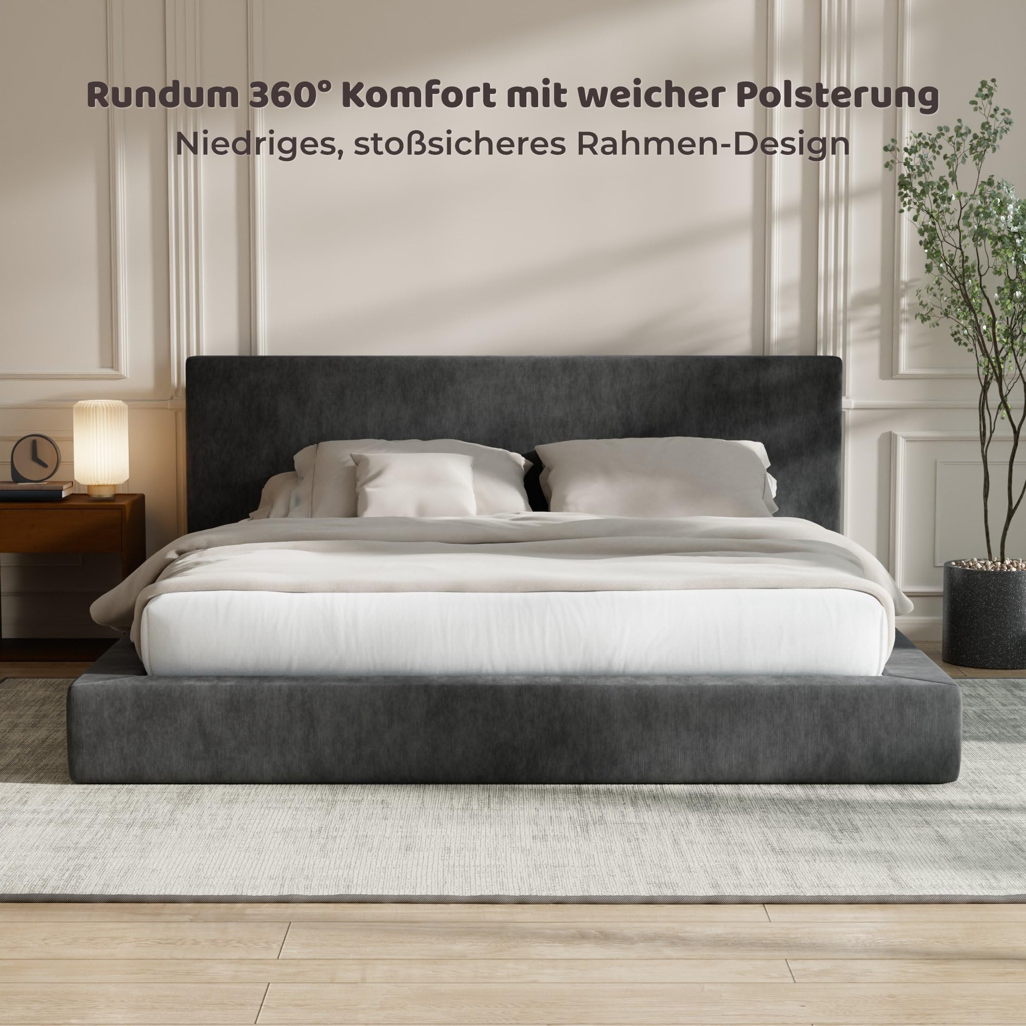 RECCI Cloud Polsterbett 160x200 cm mit gepolstertem Kopfteil, 5 cm weiche Schaumstoffpolsterung, doppelbett ohne Boxspring, leises Bettgestell im Schlafzimmer, familienbett (Schwarz) (160x200cm)
