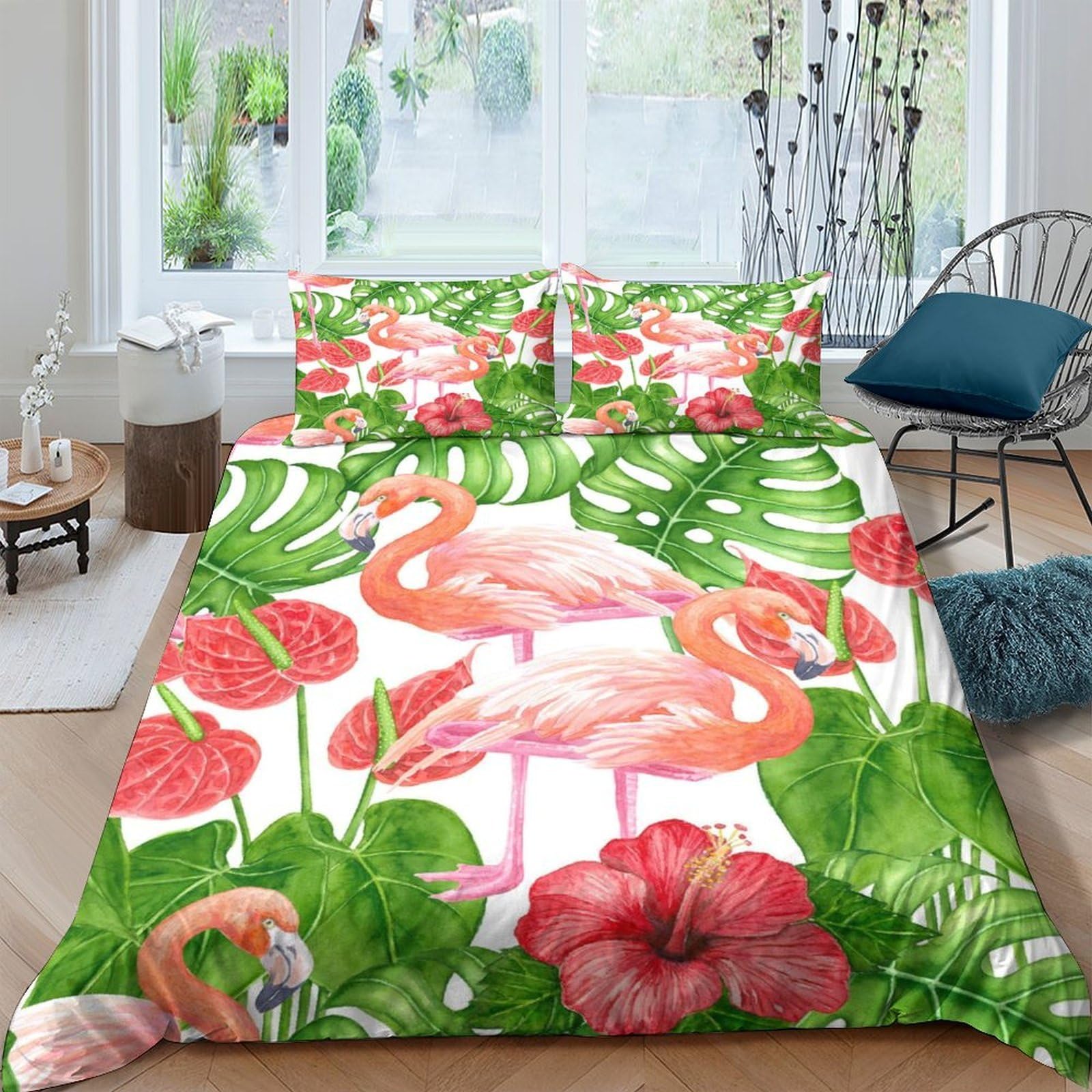 GPLZQXKJNH 3D Printed Flamingo Tropical Duvet Cover Set Microfiber Soft Breathable Green Leaves Bedding Set with 2 Pillowcases for Bedroom Single（135x200cm）