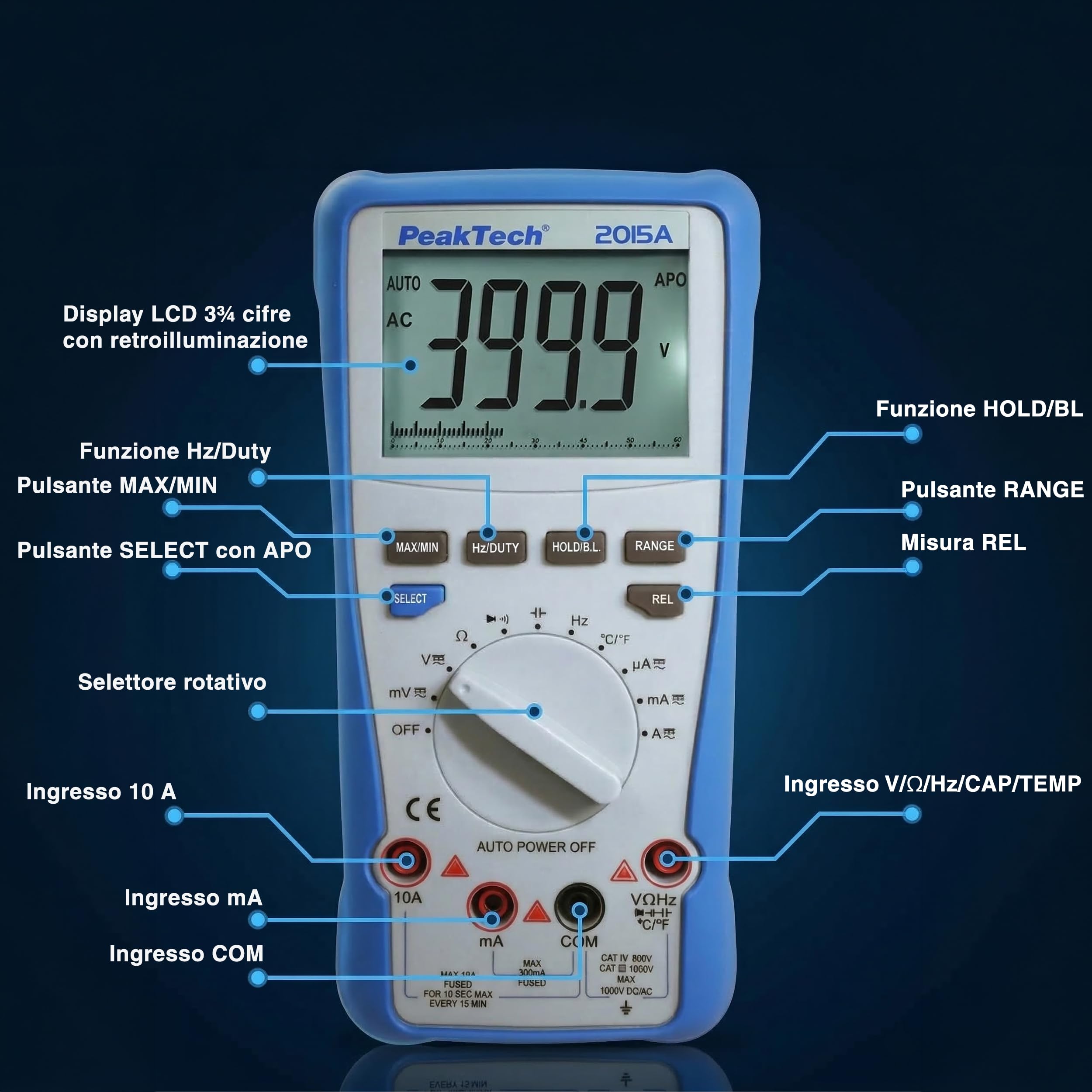 PeakTech® P 2015 A Multimetro digitale a vero valore efficace ~ 4.000 conteggi ~ 1000V AC/DC ~ 10A AC/DC ~ Auto-Range