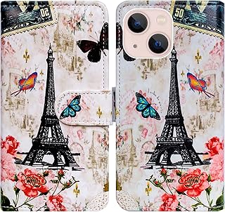 Bcov iPhone 14 Case, Paris Tower Butterfly Leather Flip Phone Case Wallet Cover with Card Slot Holder Kickstand for iPhone 14