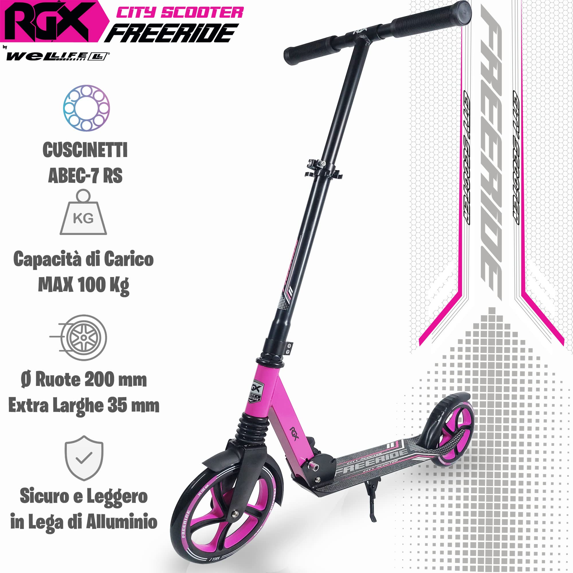 WeLLIFE Monopattini Freeride RGX - Monopattino Ruote Grandi 200mm con Sospensione Anteriore, Monopattino a Spinta per Adulti e Bambini, City Scooter Pieghevole