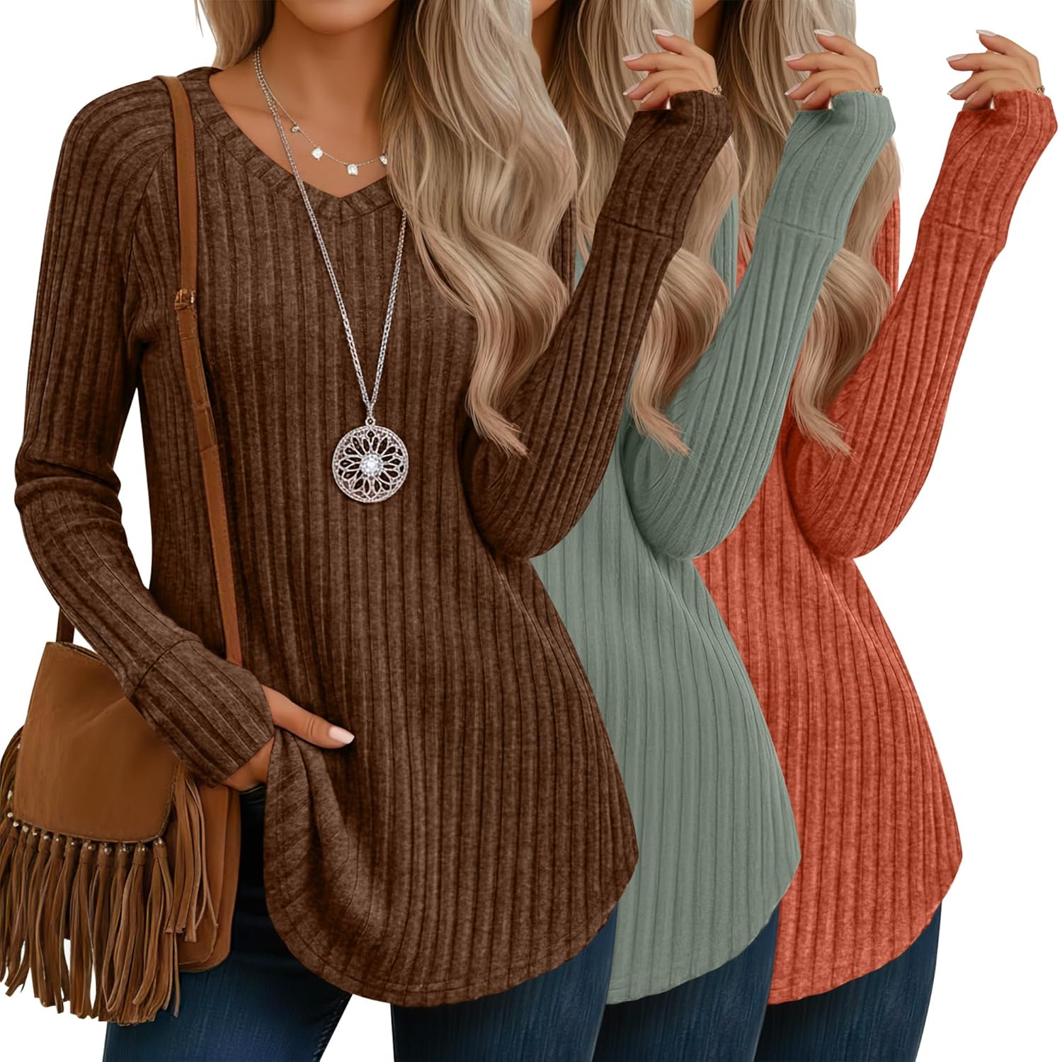 3 Pack Women's V Neck Sweaters with Thumb Holes Ribbed Long Sleeve Shirts Casual Fall Tops Tunic Clothes