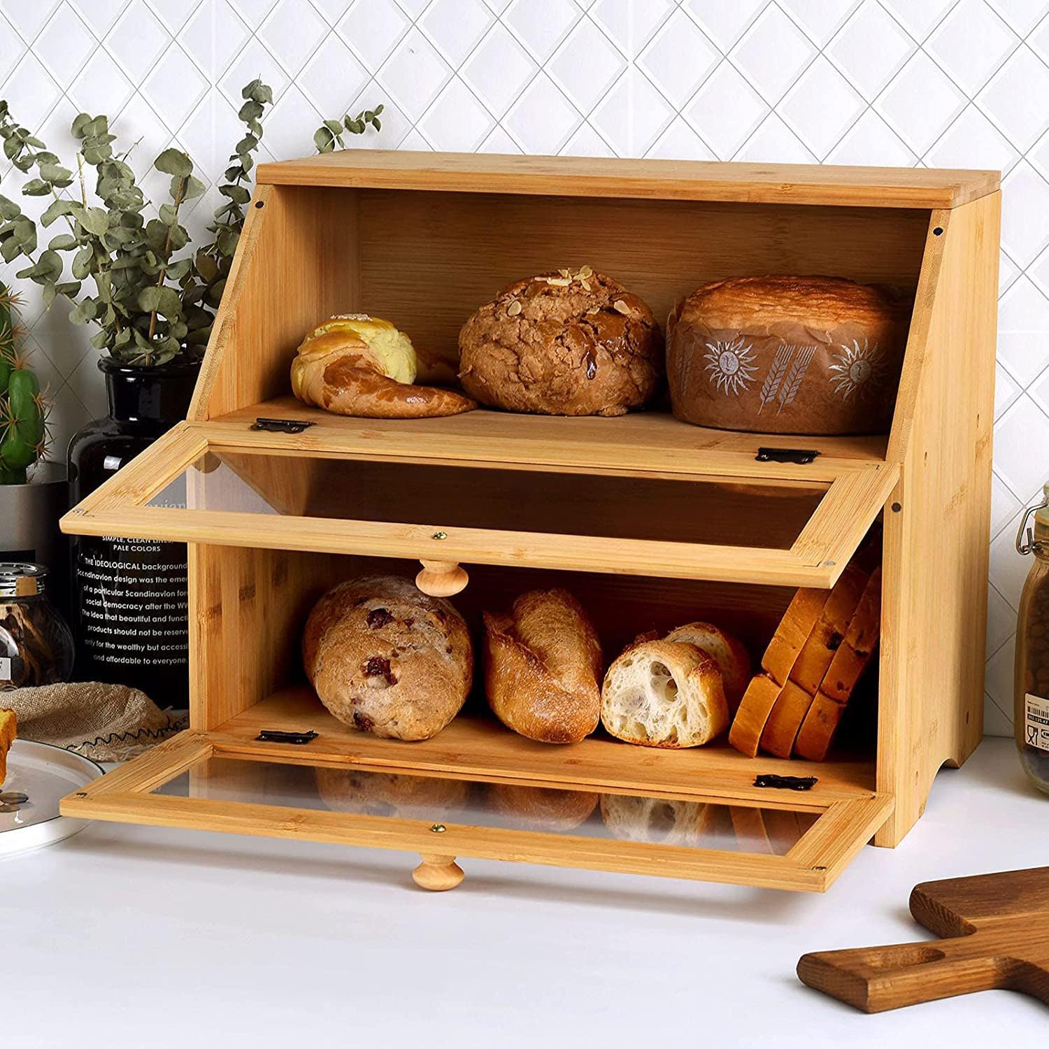 double layer bread box for kitchen countertop, large breadbox bread with windows, food keeper for pastries, bread & cookies (natural bamboo)