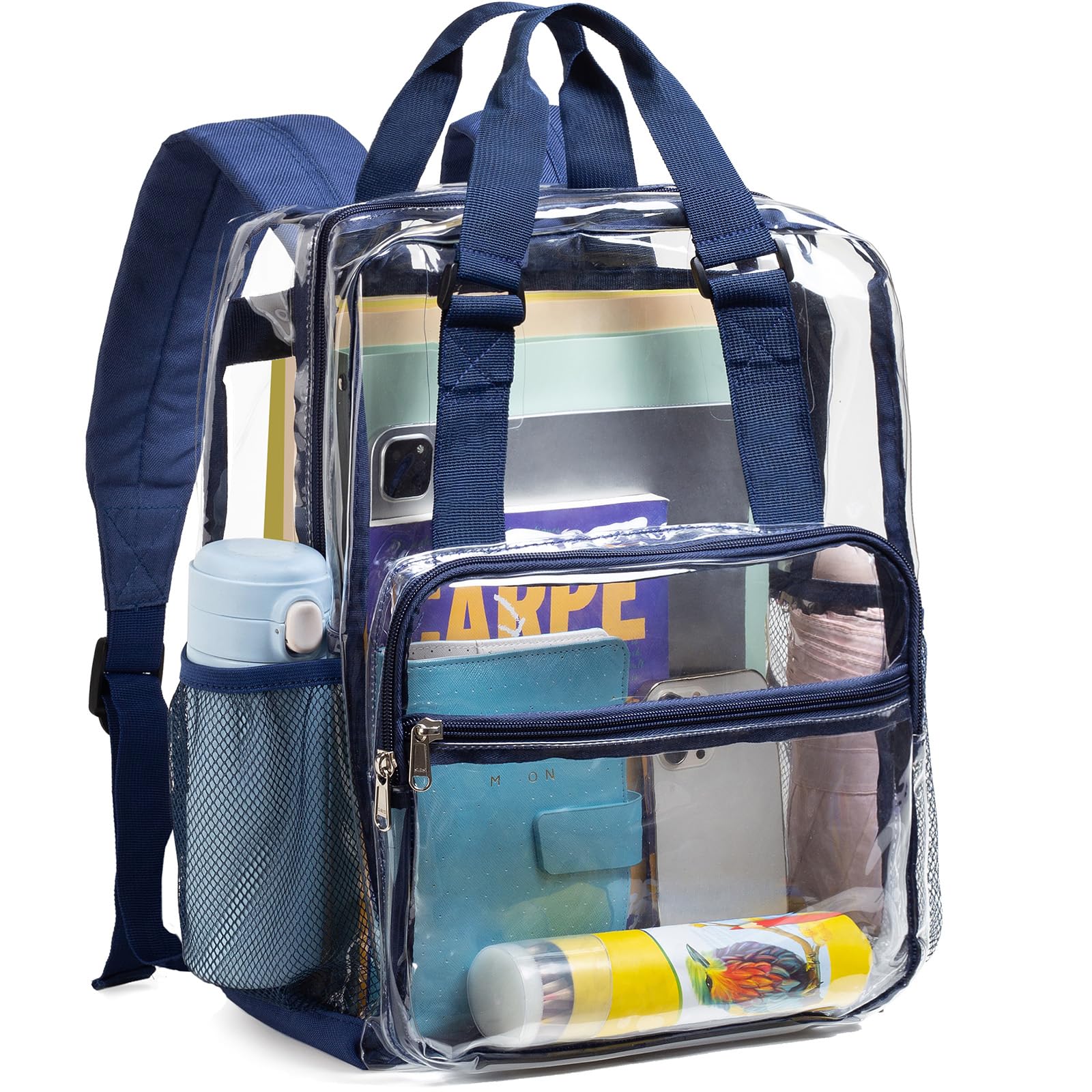VorspackClear Backpack Heavy Duty - Large Clear Book Bag with Reinforced Bottom See Through Backpack with Handle for College Workplace - Navy