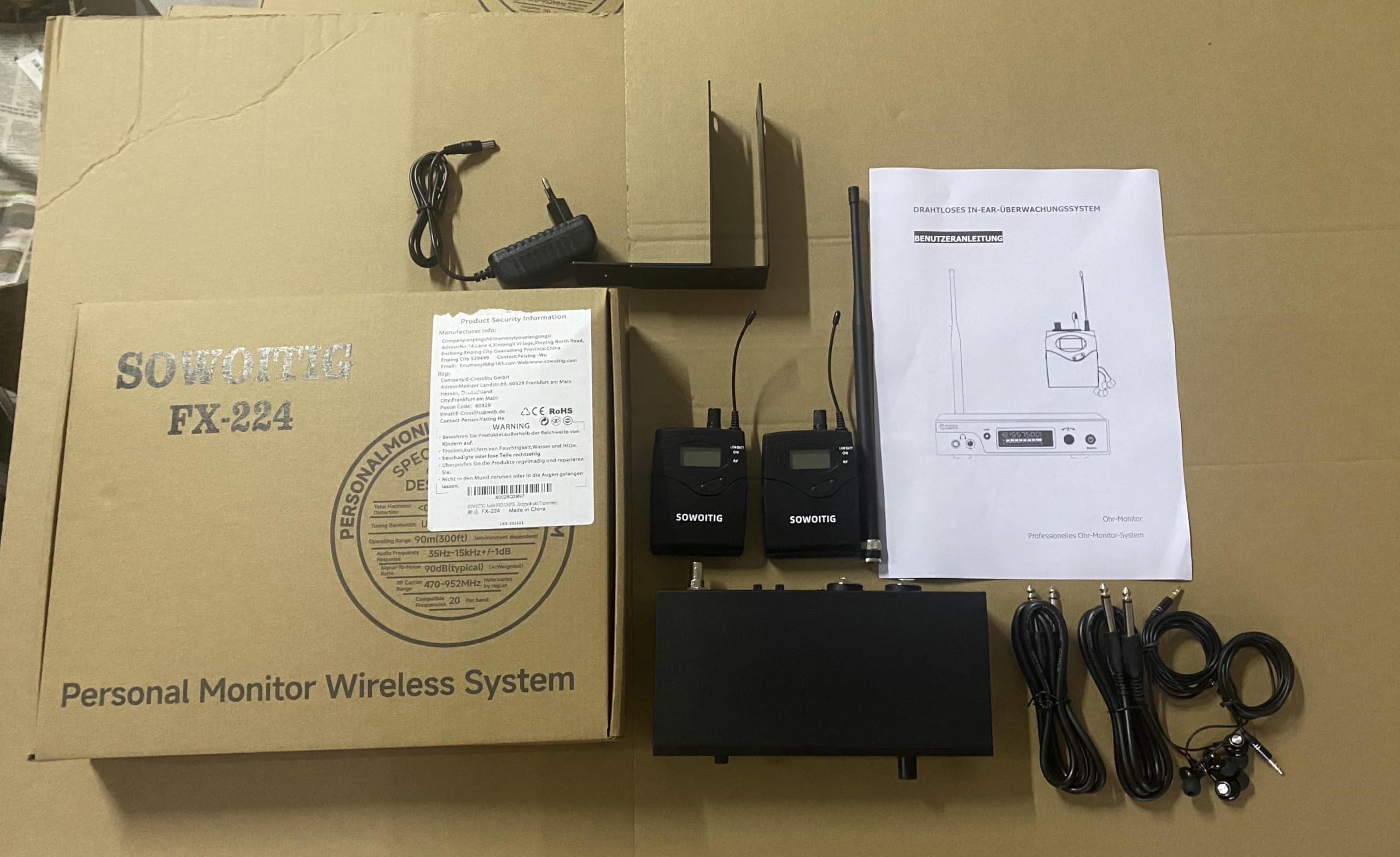 Système de surveillance intra-auriculaire sans fil – Système UHF-IEM professionnel (mono) avec émetteur en métal monté en rack, 2 récepteurs Bodypack avec écouteurs, 100 fréquences, portée de