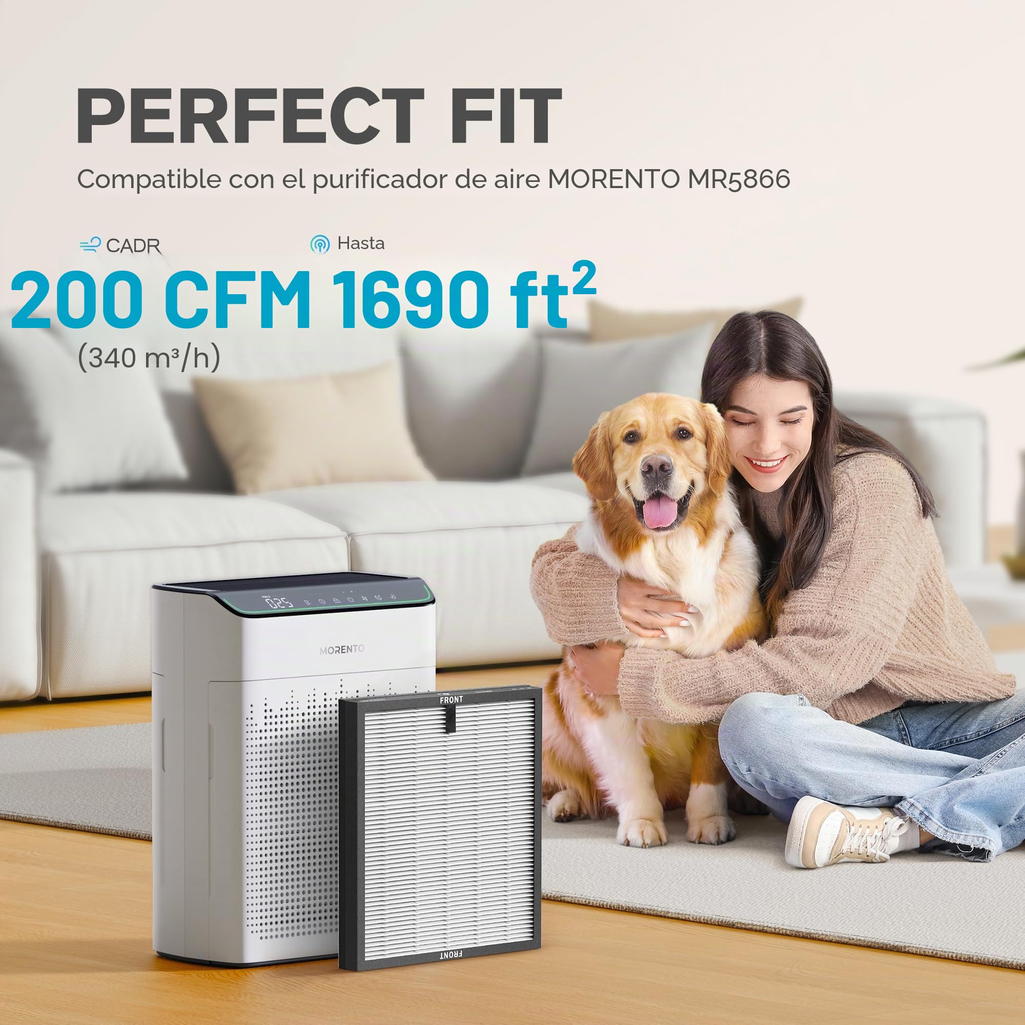 MORENTO Genuino Filtro de reemplazo del Purificador de Aire, verdadero filtro HEPA Compatible con MR5866 para 99.97% de contaminantes del aire, olor y humo, versión Original Blanca 2 Pack