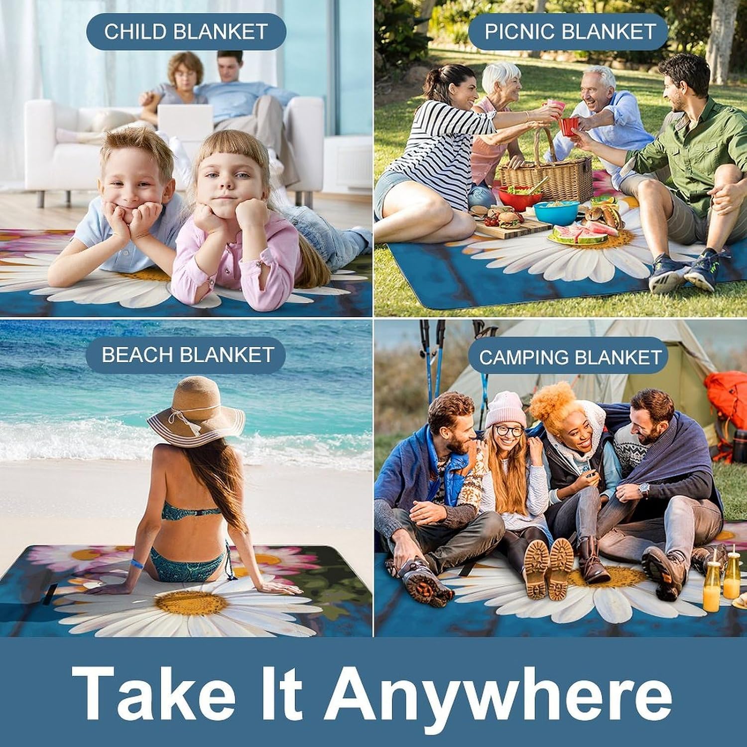Barberton Daisy Waterproof Picnic Blanket 58.3''x58.3'',Portable and Foldable Picnic Mat with Handle,Outdoor Blankets for Lawn Park Beach Travel