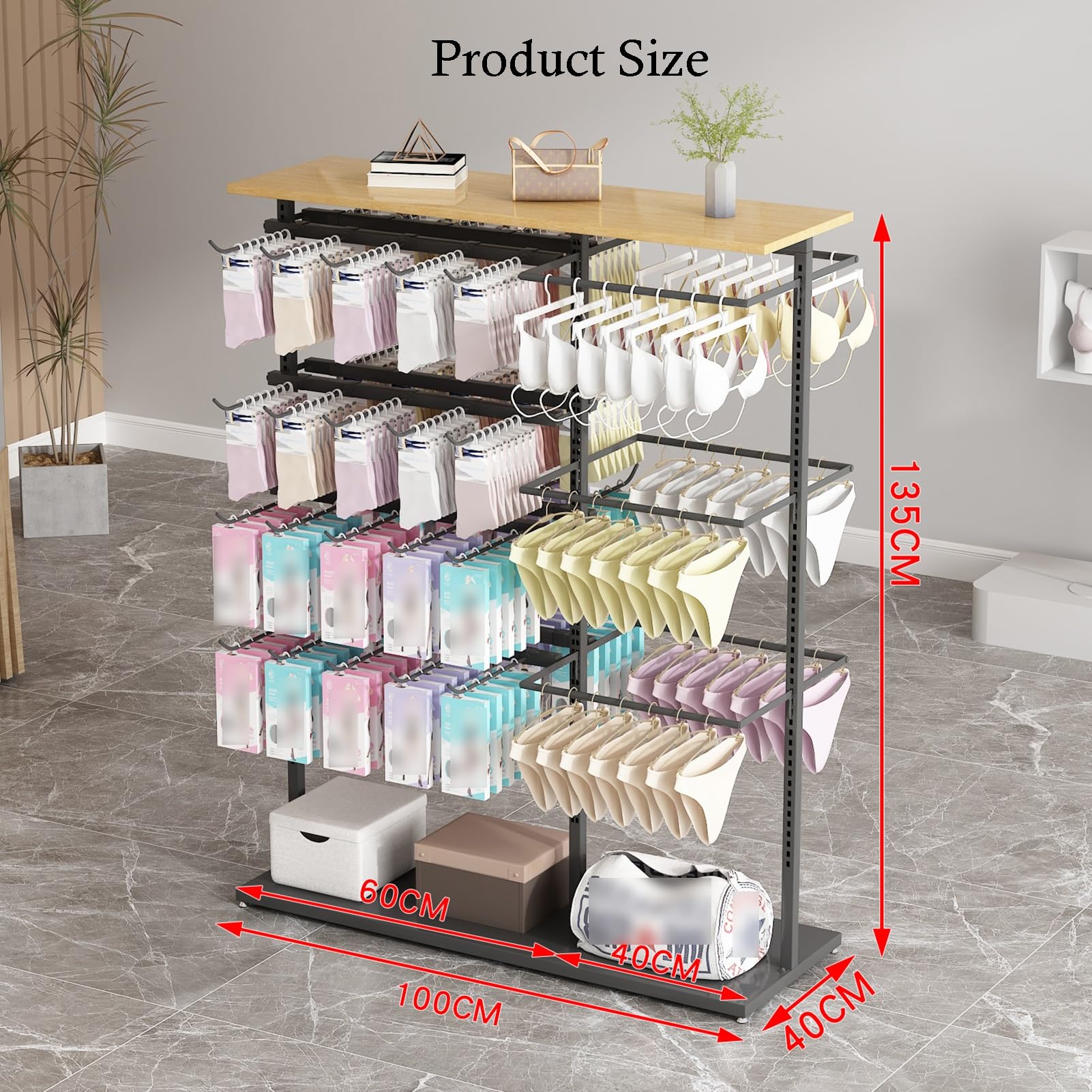 XLTFUC Lingerie Display Rack, Freestanding Clothing Store Boutique Retail Lingerie Hanger Commercial Socks, Bras, Panties Shelf(Black,135x100x40cm)