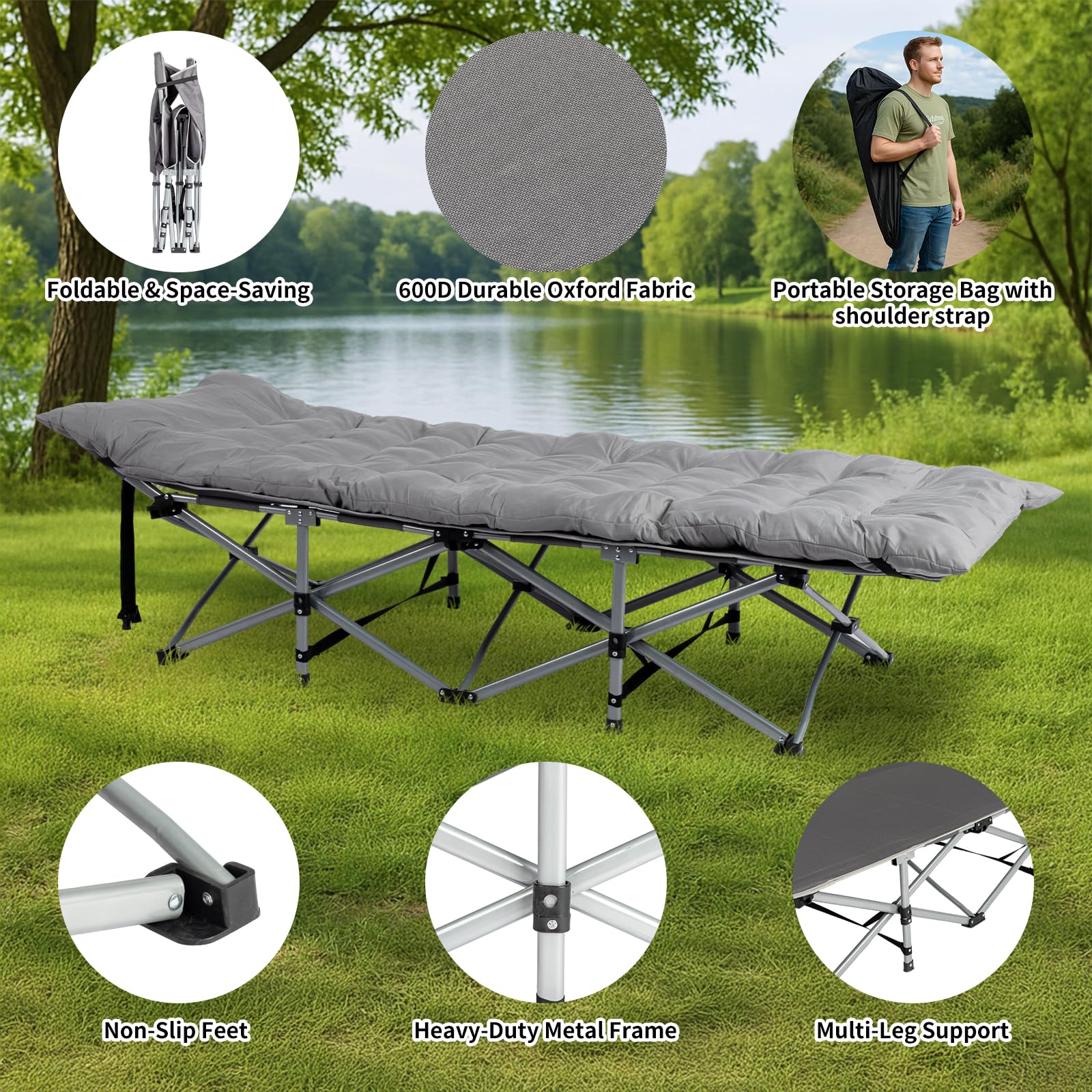 LEADZM Feldbett Klappbar mit Matratze，Campingbett faltbar für Erwachsene, 190x71x36 cm, Stahlrahmen, strapazierfähig & tragbar für Camping,Outdoor und Indoor, mit Aufbewahrungstasche