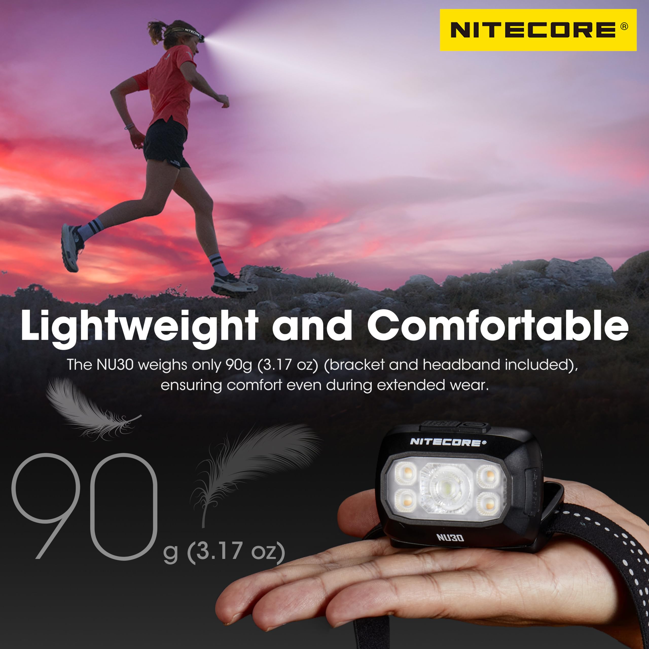 Nitecore NU30 Lampe frontale d'extérieur légère rechargeable USB-C 500 lumens triple sortie, Noir