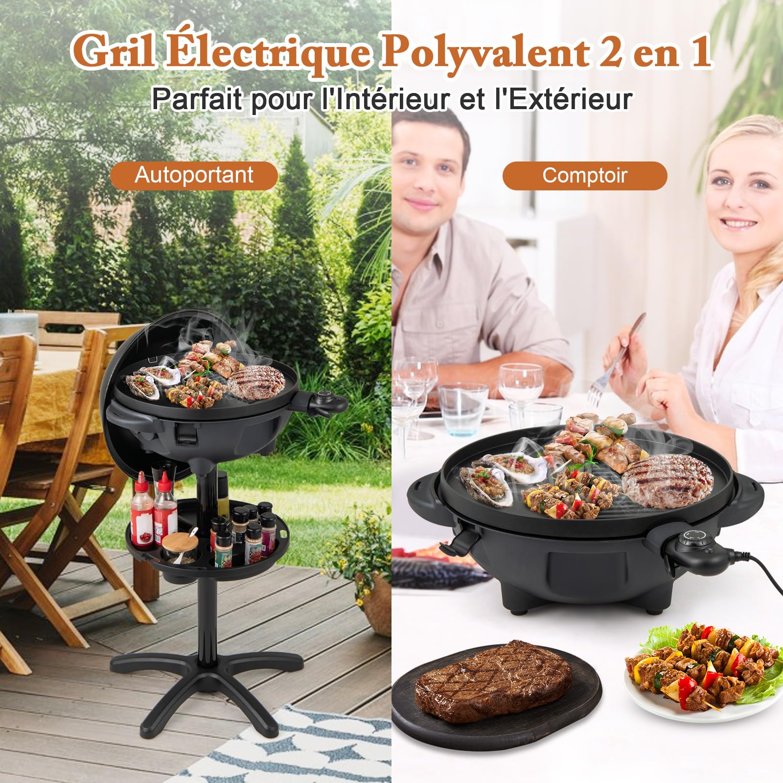 COSTWAY Barbecue Electrique Extérieur 1200 W, Plaque de Cuisson Antiadhésive à 2 Zones Température Réglable Support Amovible Etagère à Condiments, pour Balcon Terrasse Jardin