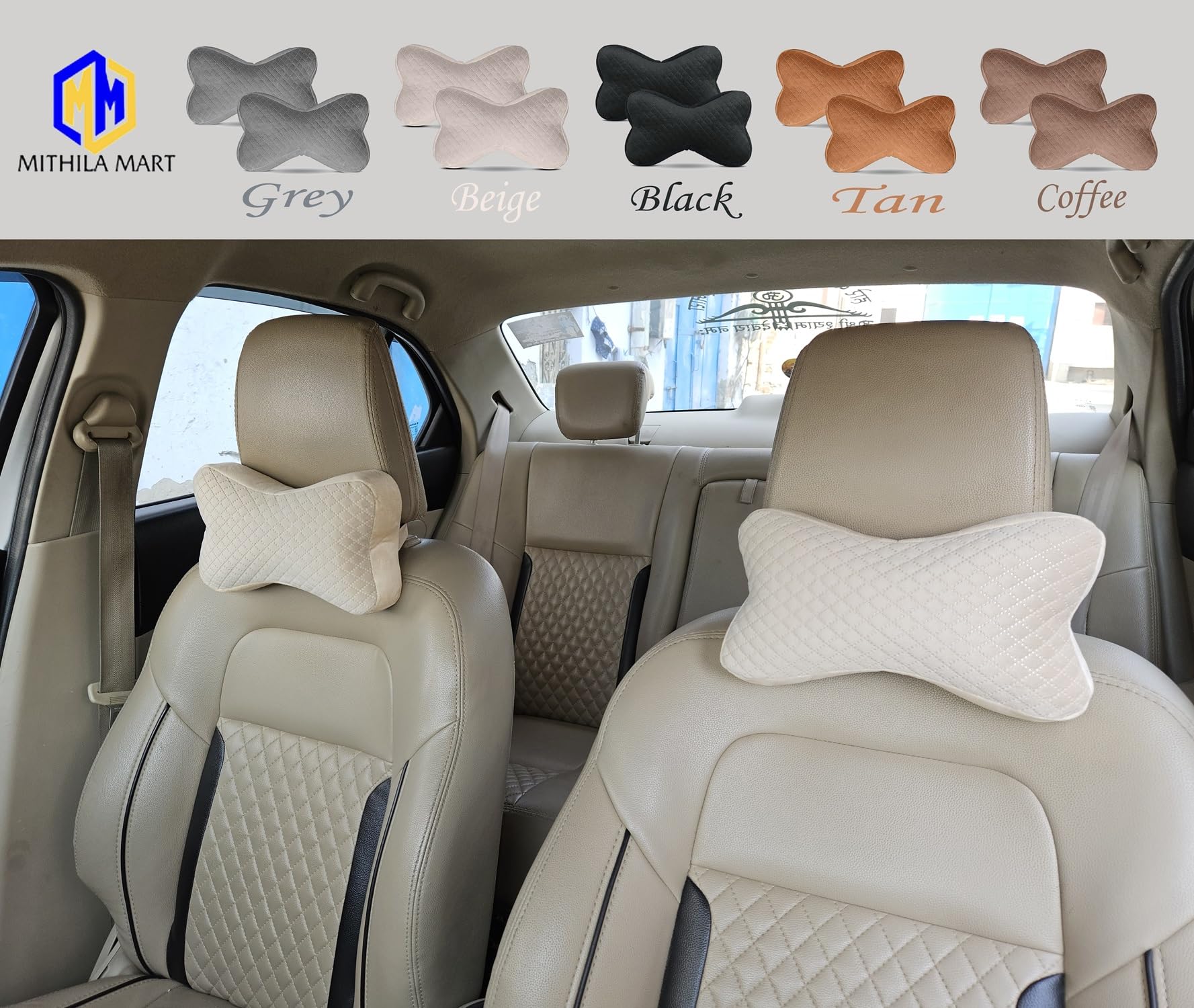 MITHILA MART Car Neck Pillow with Memory Foam, 3-Layer Soft Velvet Fabric, Pack of 2 pcs (Beige) 2
