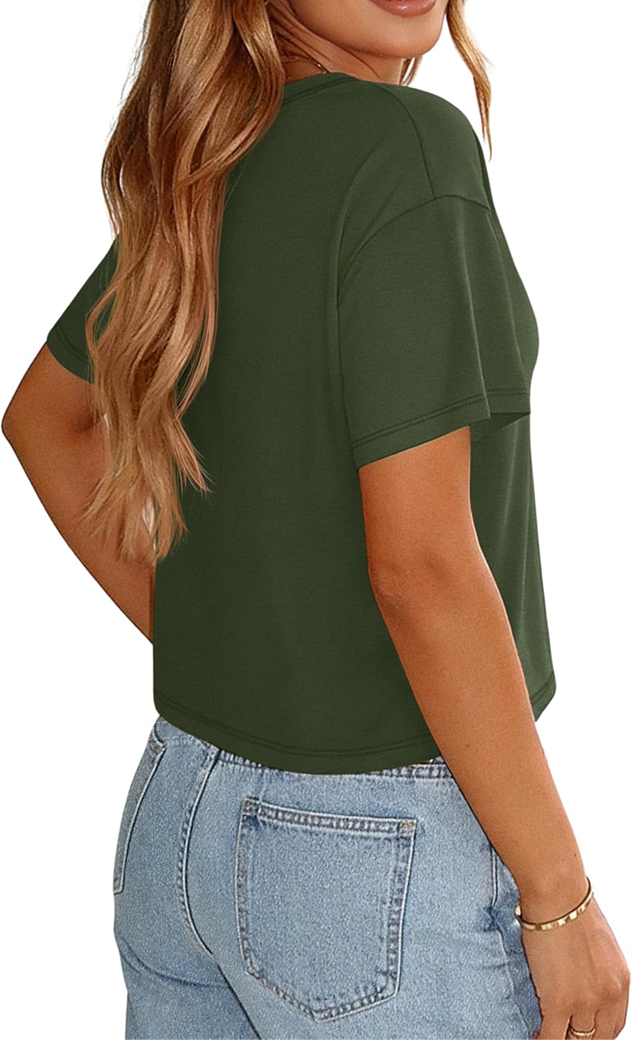 YUCOLEN Cropped T Shirts for Women Short Sleeve V Neck Cotton Basic Tees Soft Loose Fit UPF 50+ Crop Tops for Summer - Image 4