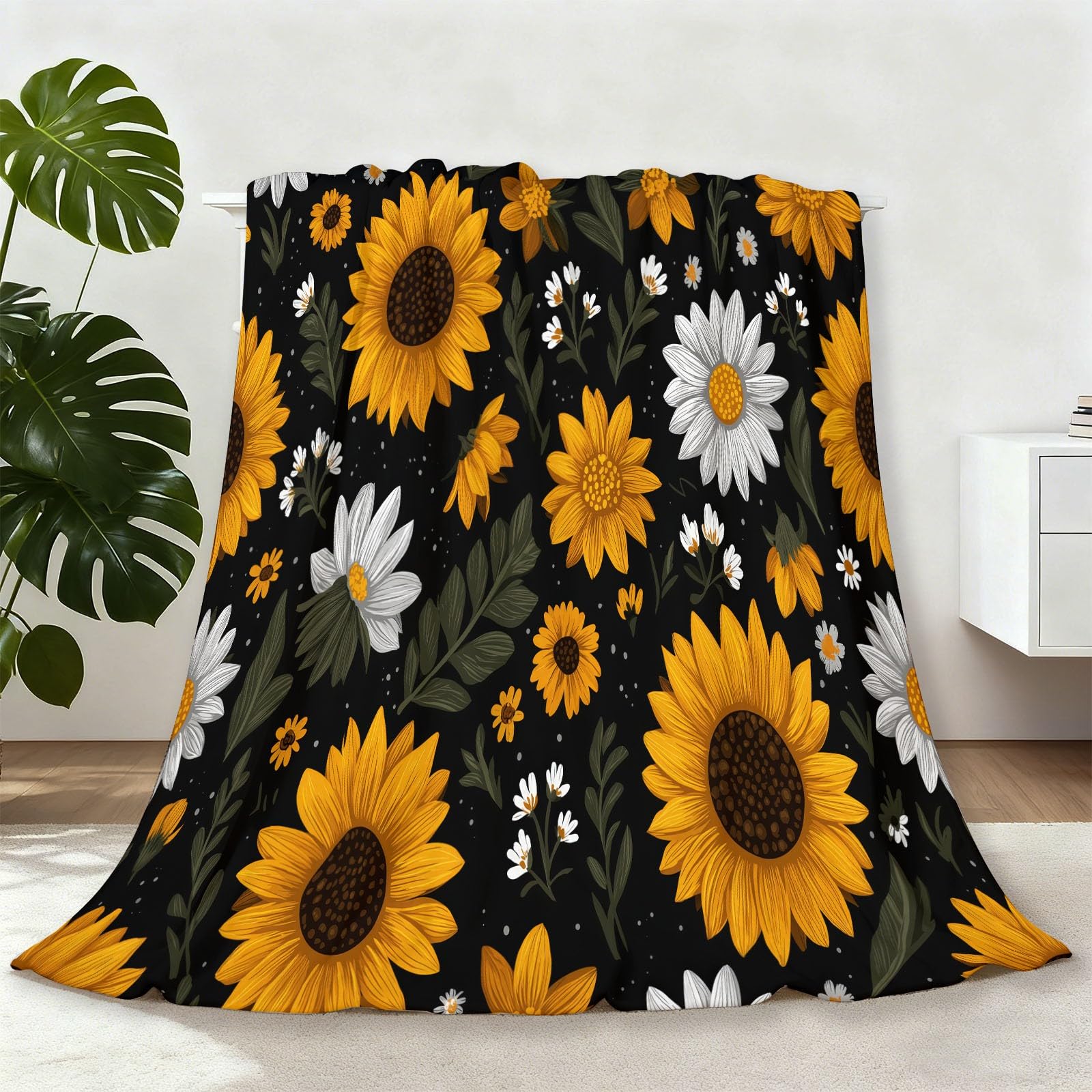 Couverture douillette paysage pastoral imprimé floral jaune noir pour lit