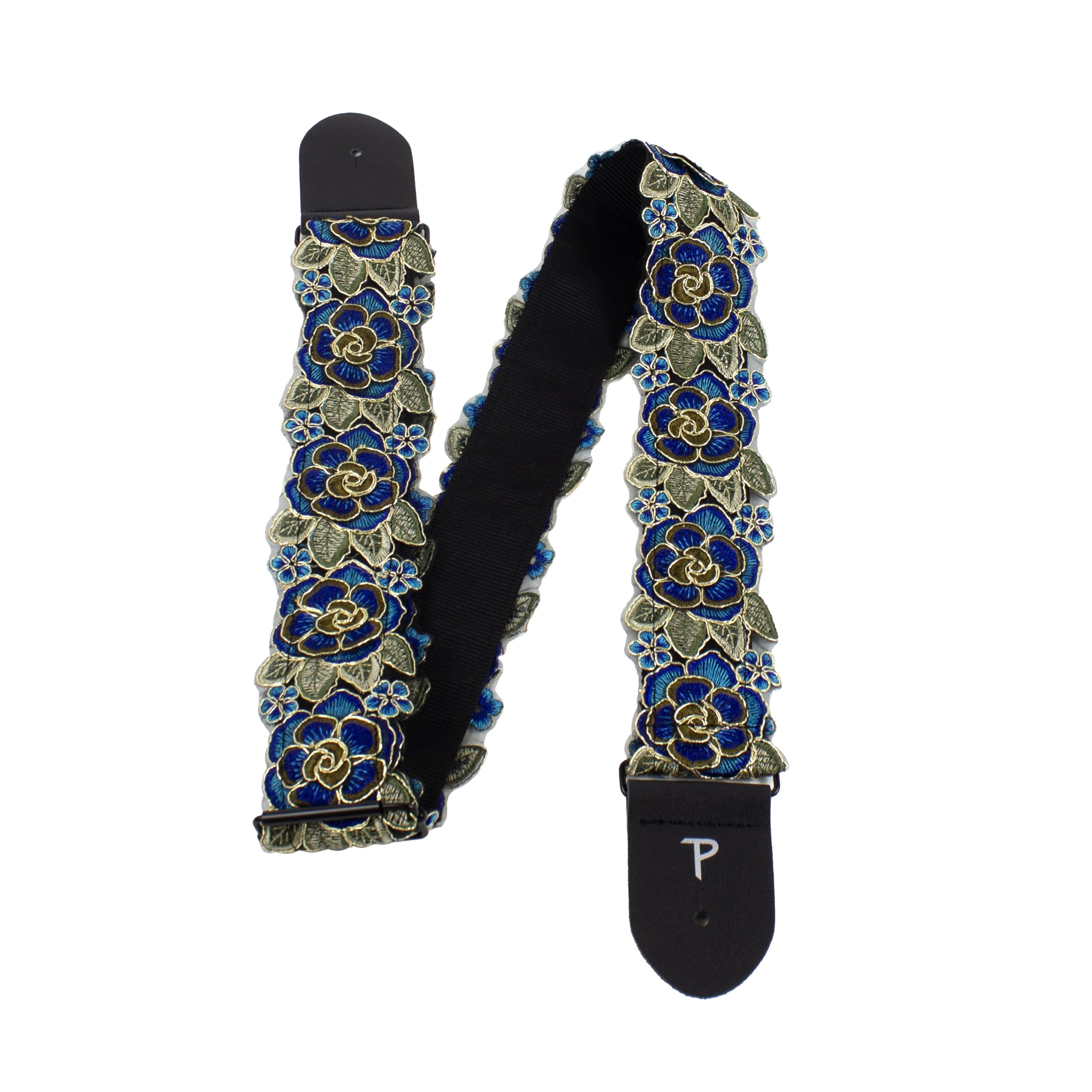 Perri’s Leathers Ltd. – Sangle de guitare en dentelle florale 3D bleue – Longueur réglable – Pour guitares électriques, acoustiques et basses – Bleu et vert – Fabriqué au Canada