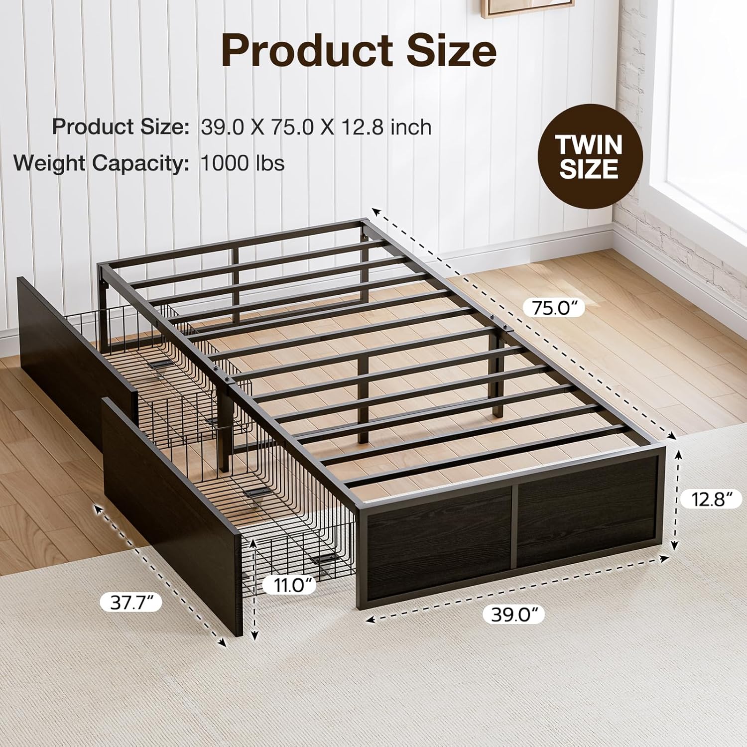 GAZHOME Twin Bed Frame dimensions and components