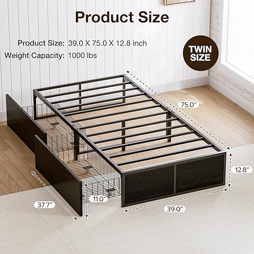 Miniatura 15 de GAZHOME Base de cama individual XL con 2 cajones de almacenamiento XL, marco de cama de plataforma de metal con estribo, 9 soportes de listones de