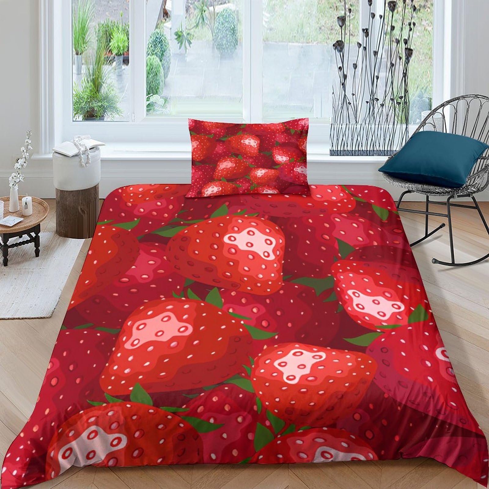Housse de couette fraise rouge 3D parure de lit single 135x200 cm en microfibre avec taies
