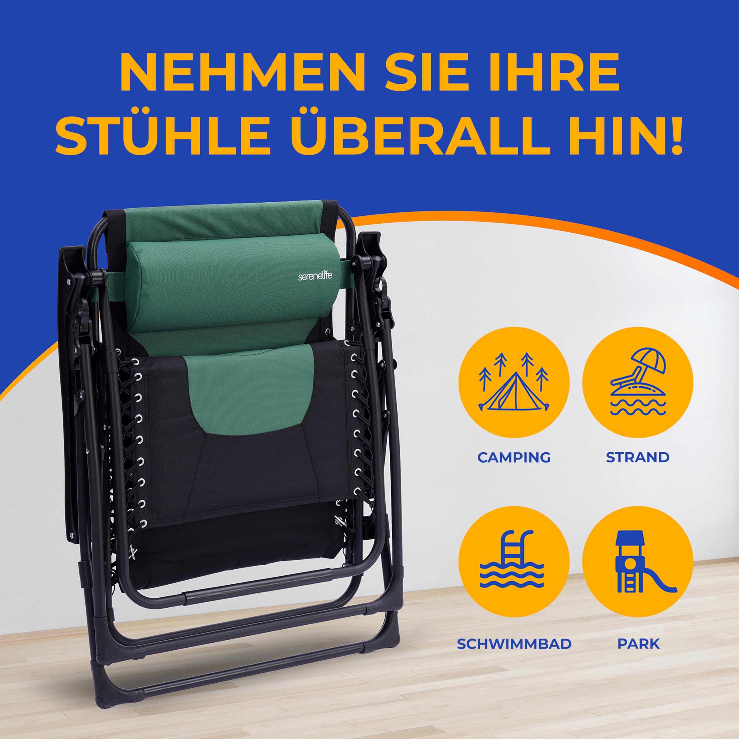SereneLife Liegestuhl, Gartenlieg Klappbar mit Stufenlos verstellbare Positionen, Kopfstütze, Getränke- & Handyhalter, Grün, Rostfreier Stahlrahmen, Relaxliege für Terrasse & Balkon