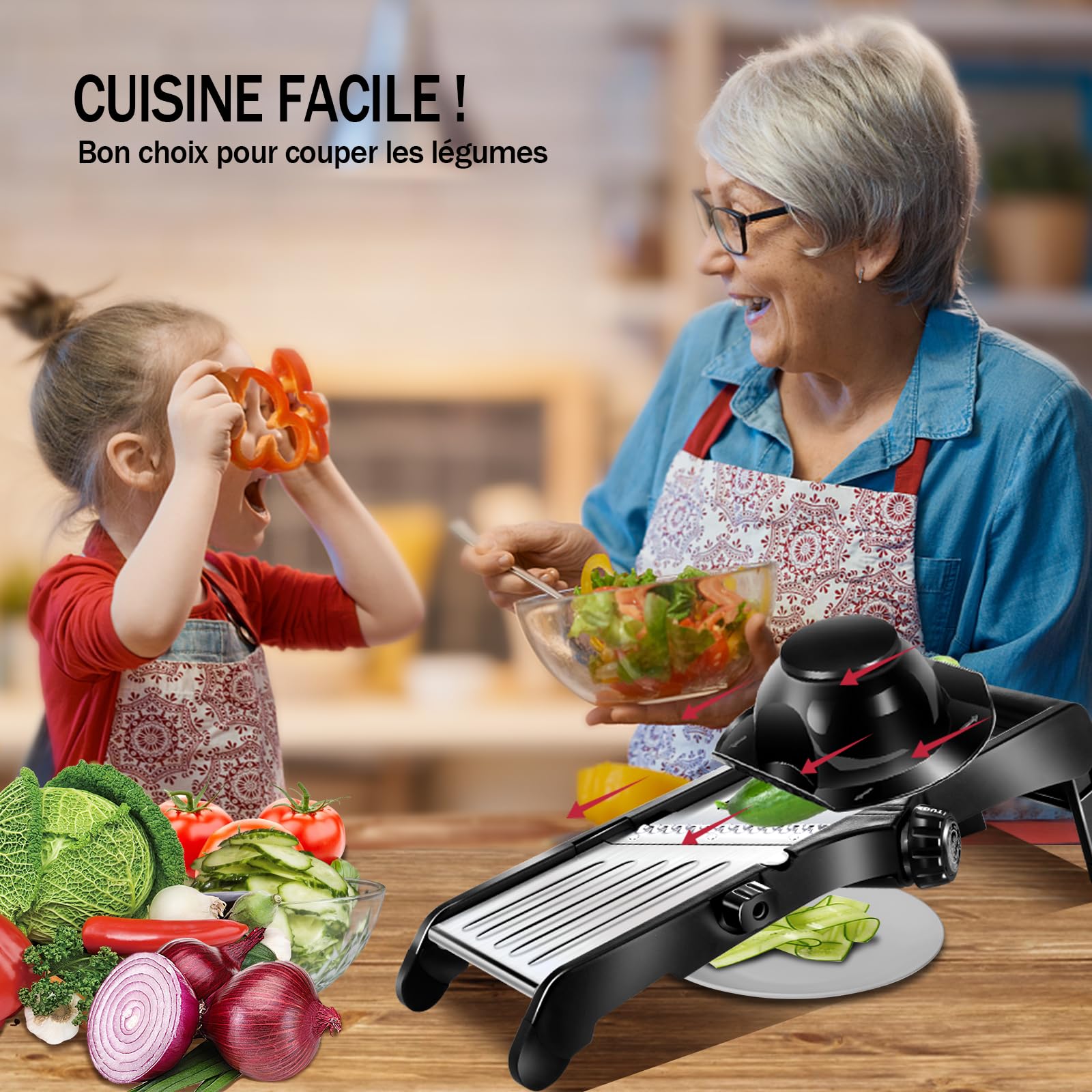 Masthome Mandoline de Cuisine Professionnelle en Inox, Coupe Legumes Multifonctions avec Epaisseur de Tranche Réglable, Mandoline Japonaise avec Gants et Brosse à Dents, pour Tranche et Julienne