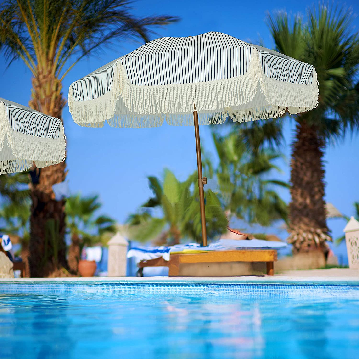 AMMSUN 7ft Patio Umbrella with Fringe Outdoor Tassel Umbrella UPF50+ Wood Color Steel Pole and Steel Ribs Push Button Tilt - Navy Blue Stripes