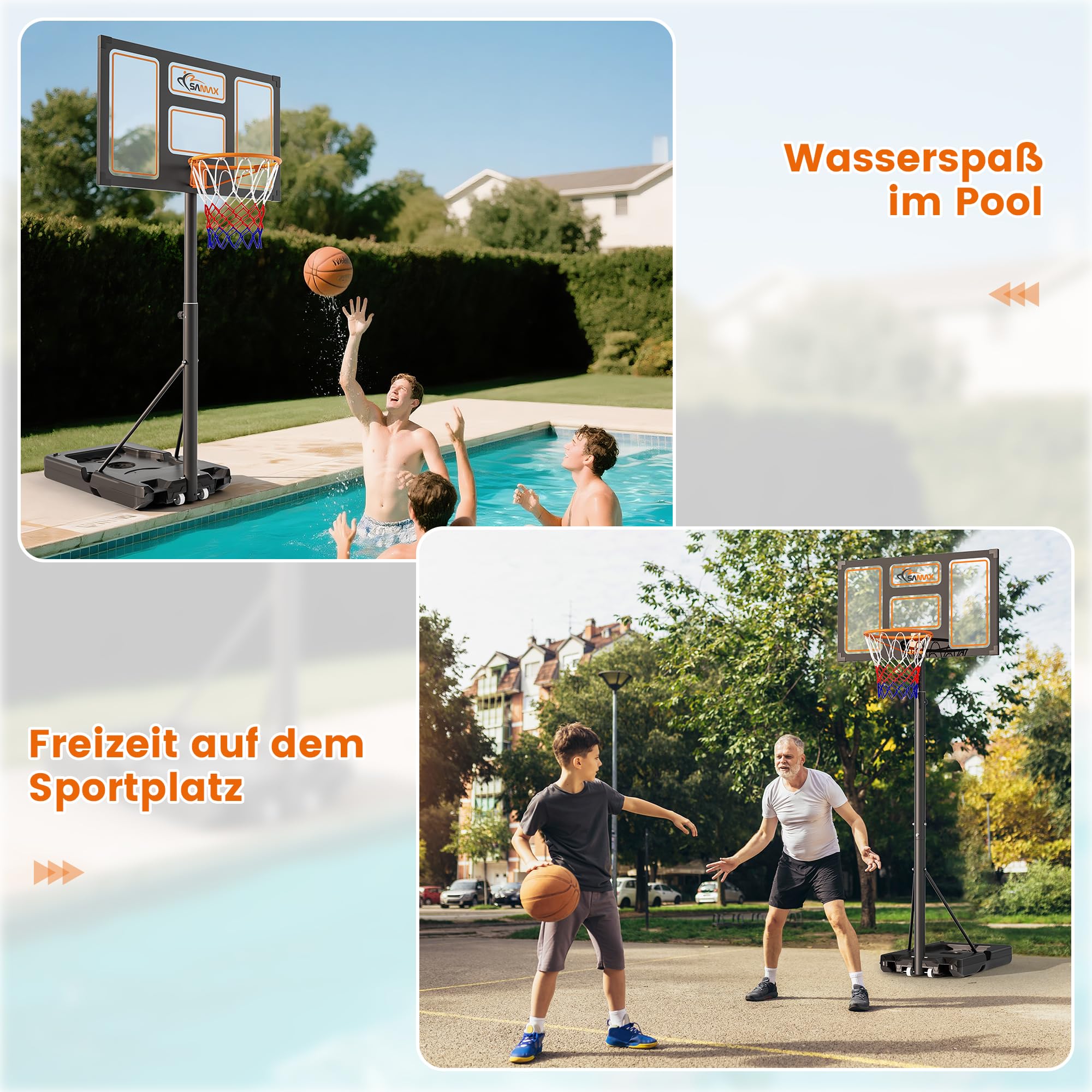 SAMAX Basketballkorb Basketballständer 100-305 cm Höhenverstellbar mit Rollen inkl. Netz - Korbanlage Standfuß Outdoor Indoor - für Garten, Sportplatz und Spielfeld - für Erwachsene & Kinder