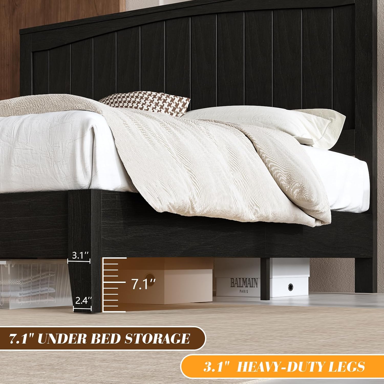 Full Size Solid Wood Bed Frame with 48" High Headboard, Mid-Century Modern Wooden Platform Bed Frame, Metal & Wooden Slats Support, No Box Spring Needed/Noise Free, Black