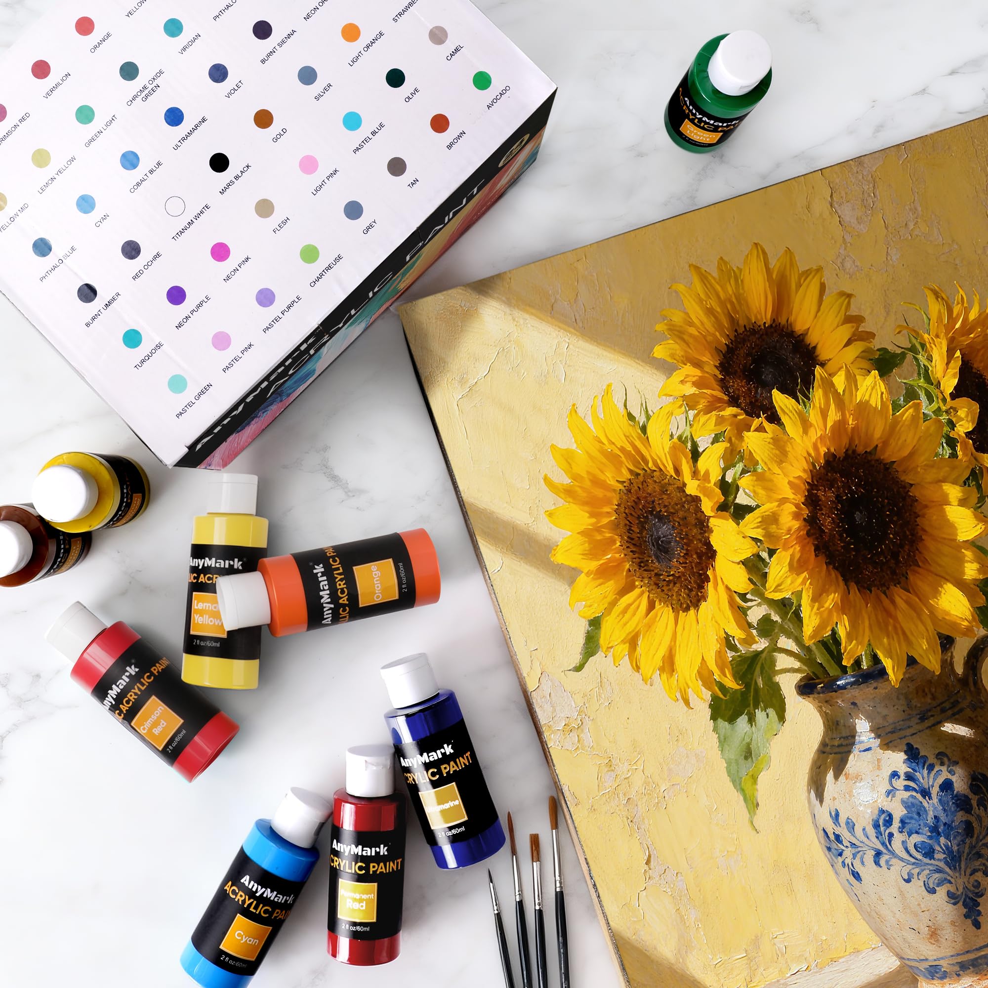 AnyMark Vernice Acrilica Classica, Set di 48 Colori Brillanti | Colori Acrilici per Adulti e Artisti, Vernice Multi-Superficie per Tessuto, Tela, Artigianato e Vetro, 60 ml (2 oz)